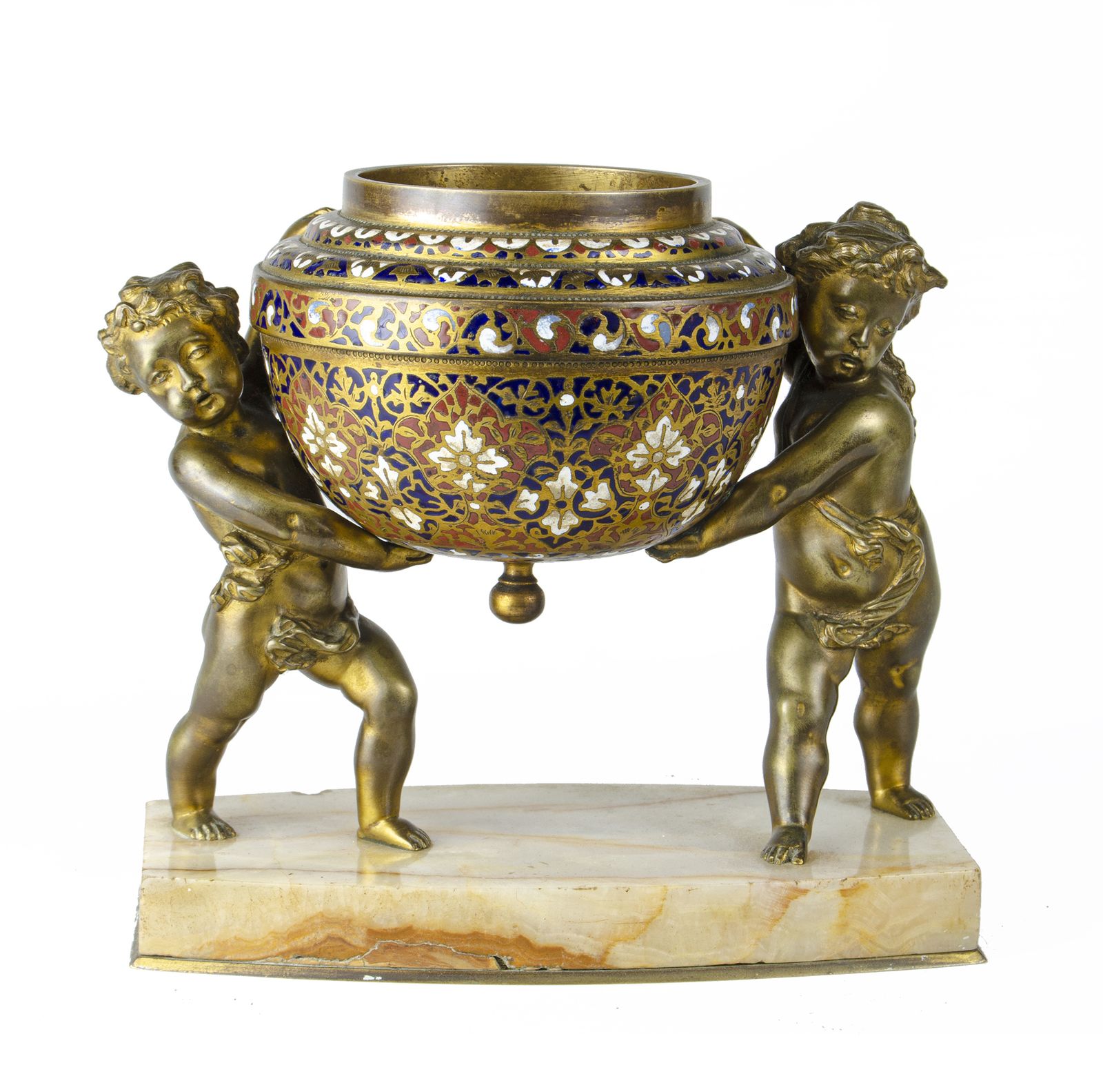 Late 19th Century Napoléon III Champlevé Gilt Bronze Sculpture Of Puttiwith Marble Base, France