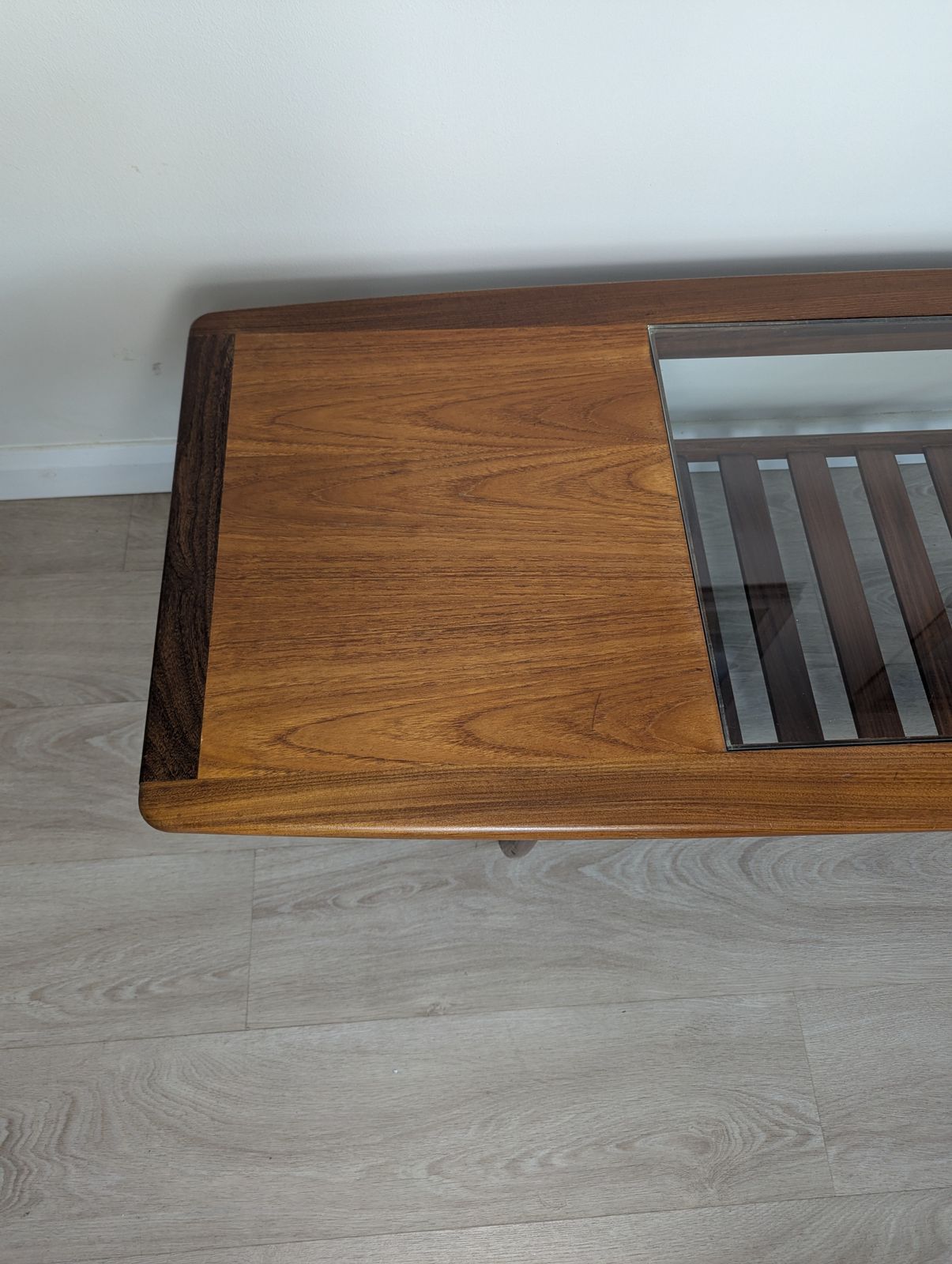 photo furniture G Plan “Long John” Teak & Glass Coffee Table With Slatted Undershelf Rare Find | Mid Century Modern (C.1960s–70s)