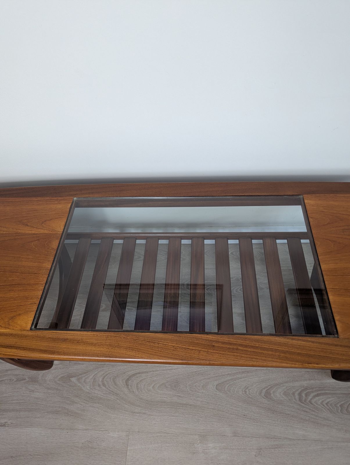 photo for sale G Plan “Long John” Teak & Glass Coffee Table With Slatted Undershelf Rare Find | Mid Century Modern (C.1960s–70s)