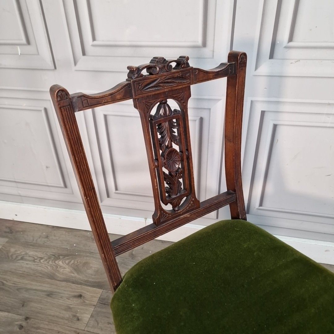 Antique Low Hall Chair Heavily Carved Solid Wood Green Velvet Bedroom Seat photo furniture