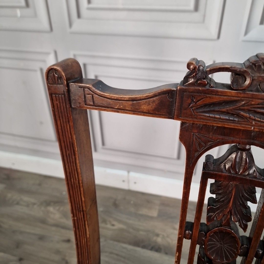 Antique Low Hall Chair Heavily Carved Solid Wood Green Velvet Bedroom Seat photo vintage