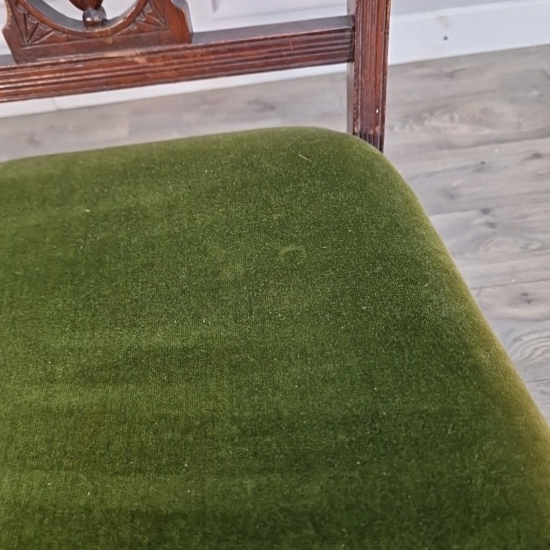 Furniture Antique Low Hall Chair Heavily Carved Solid Wood Green Velvet Bedroom Seat photo