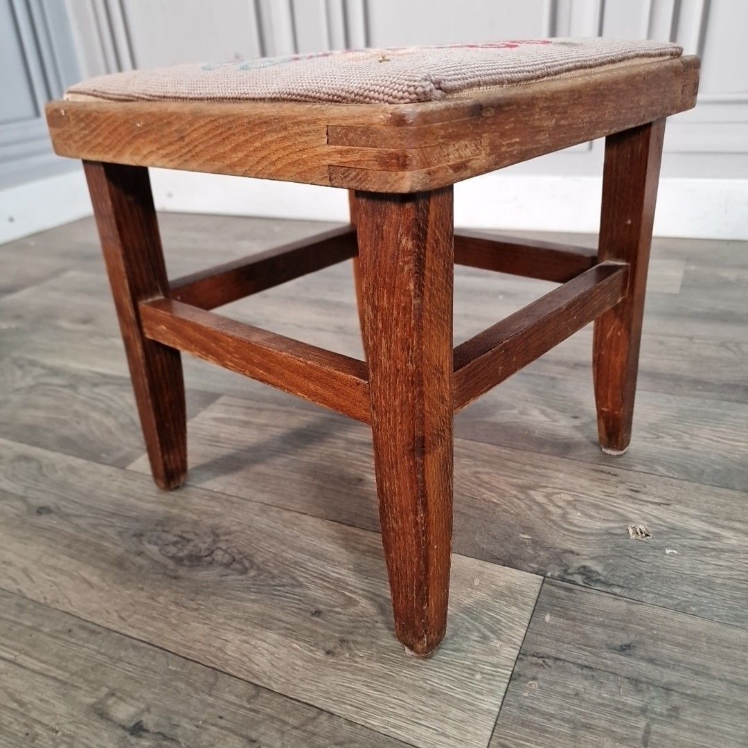 photo for sale Small Vintage Upholstered Stool Foot Rest Solid Wood Floral Needlepoint Top