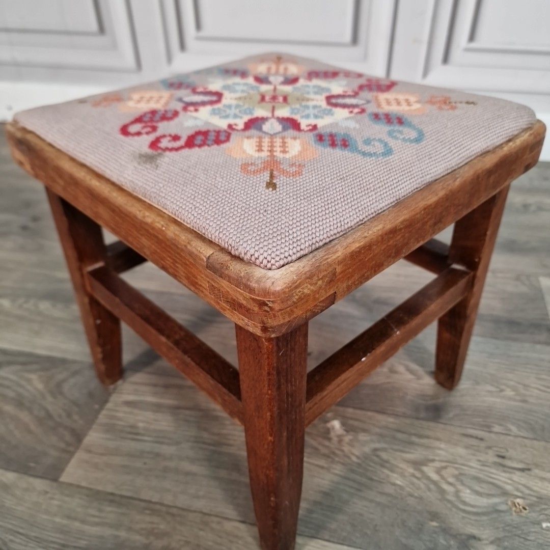 55.0 Small Vintage Upholstered Stool Foot Rest Solid Wood Floral Needlepoint Top photo