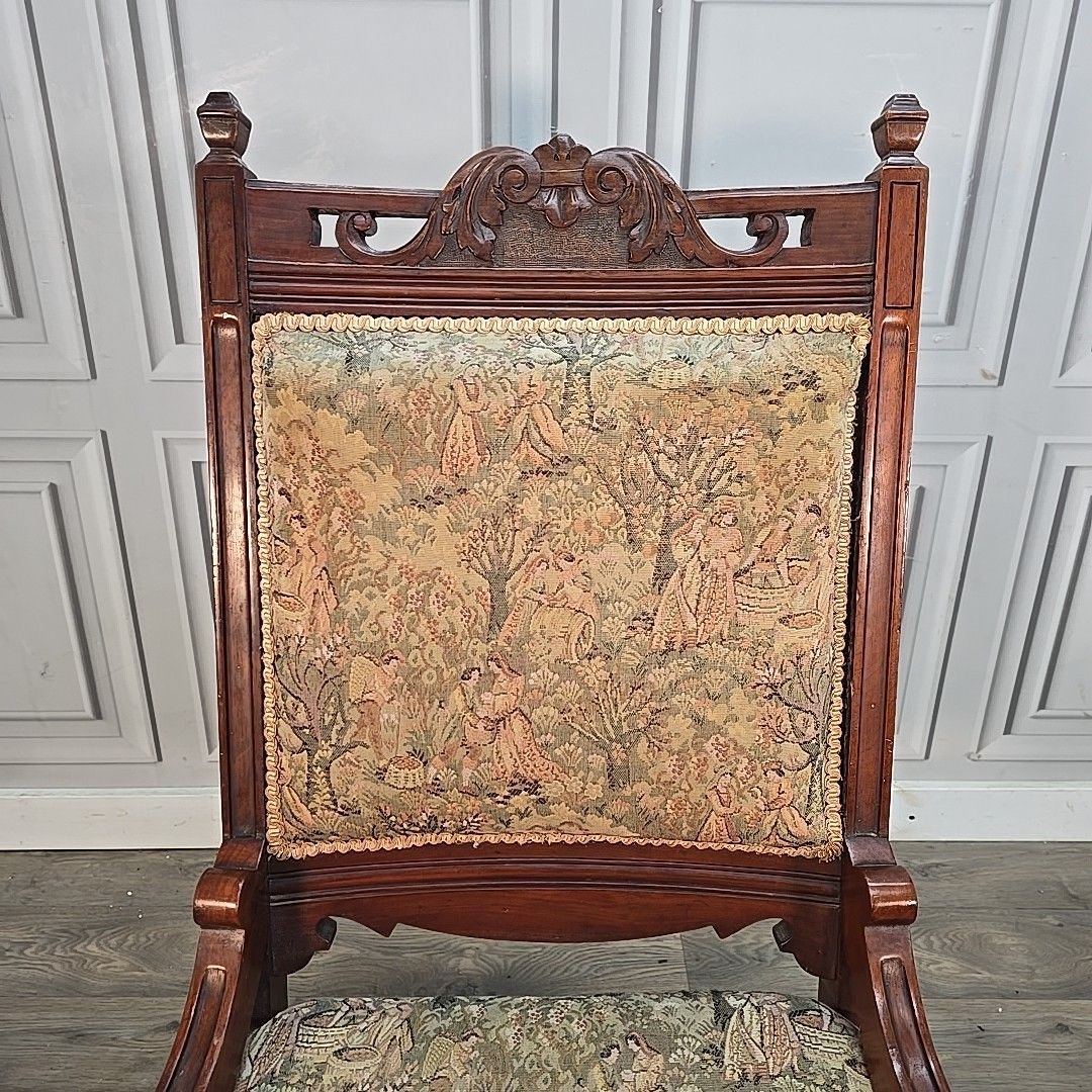 Antique Upholstered Nursing Chair Low Hall Solid Carved Wooden Tapestry Seat photo buy