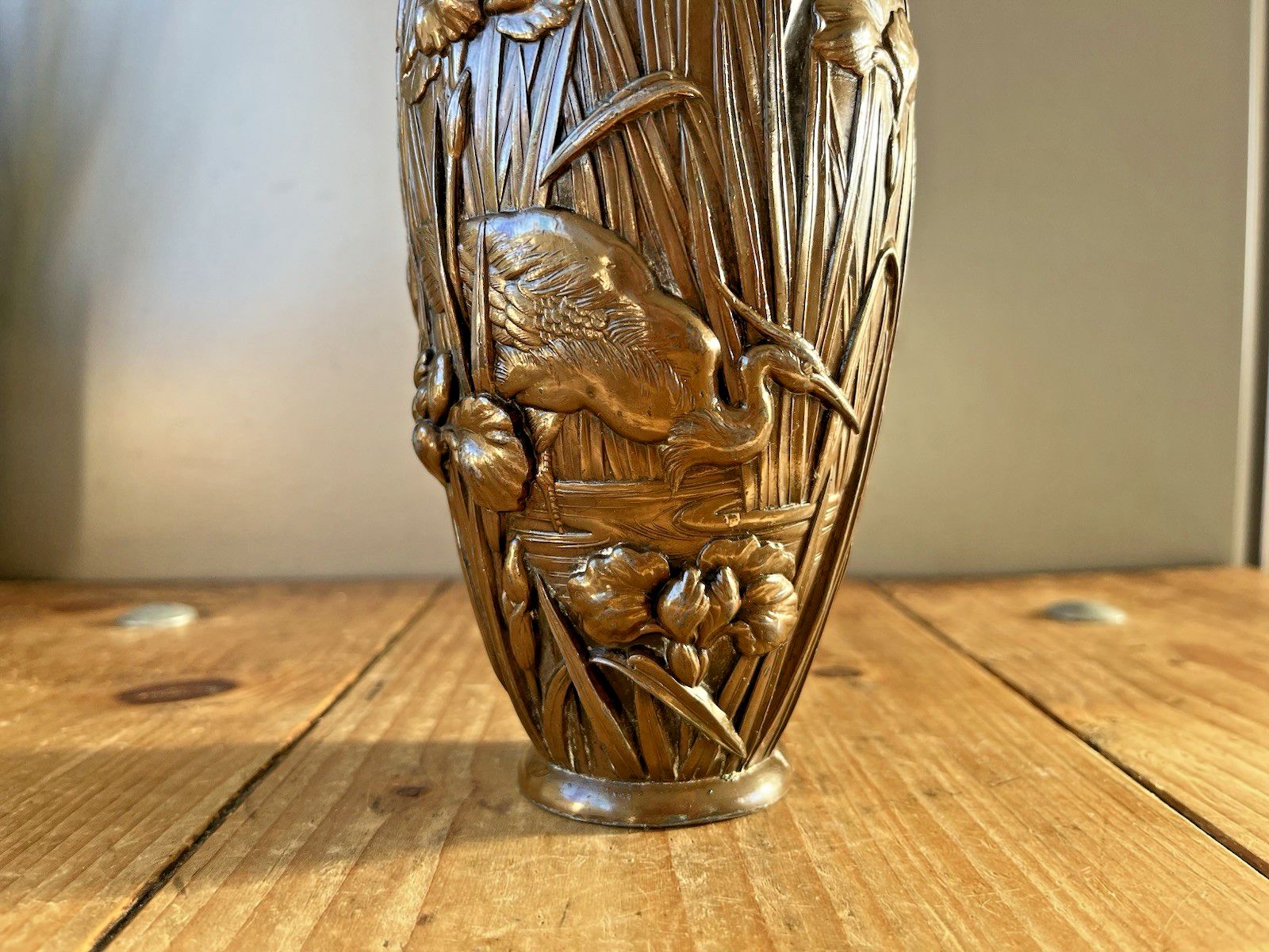 photo for sale Antique Japanese Meiji Period Bronze Tone Copper Clad Crane Bird Vase Nouveau