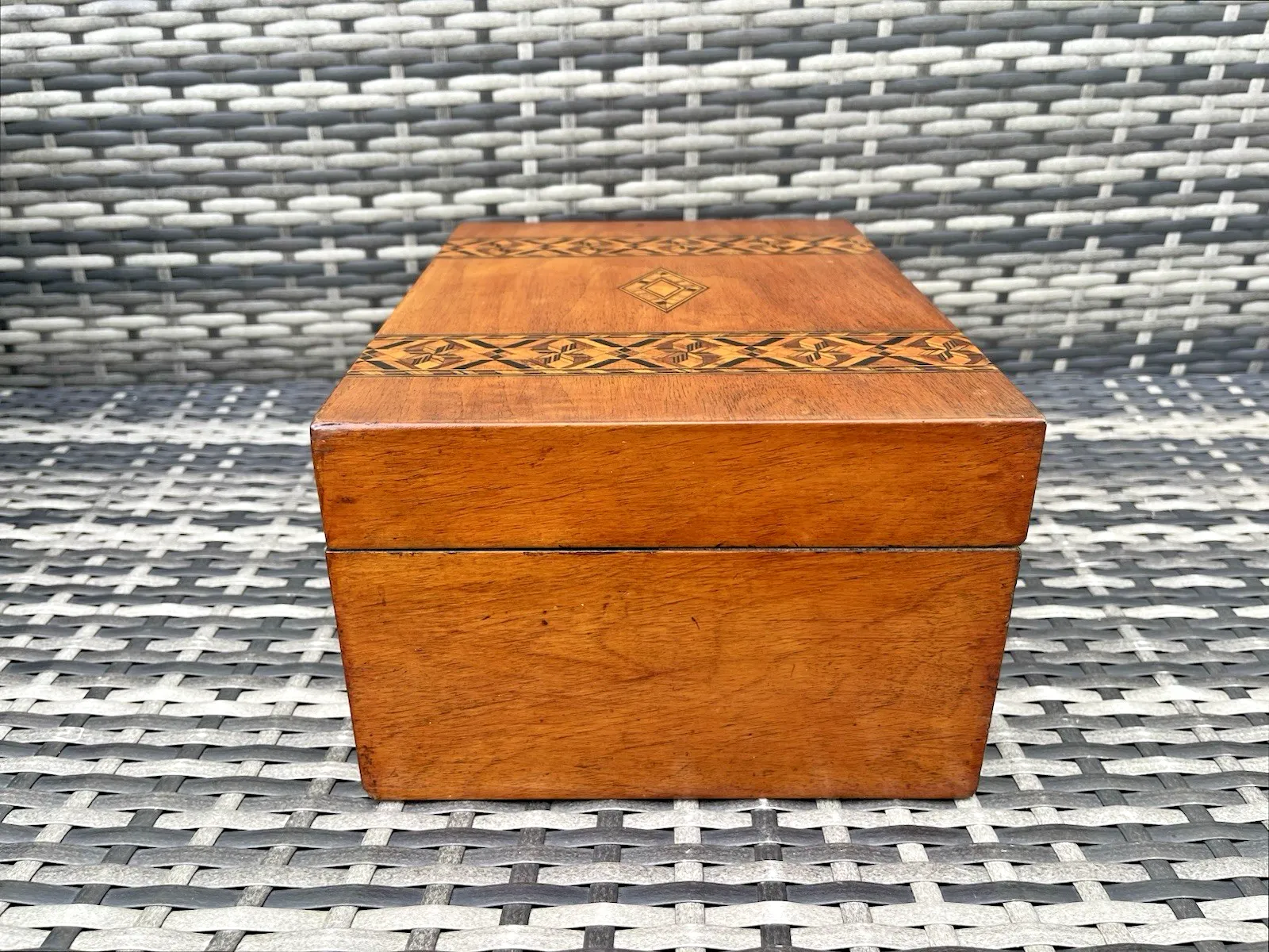 Antique Inlaid Walnut Diamond Wood Storage Box Deco photo 350.0