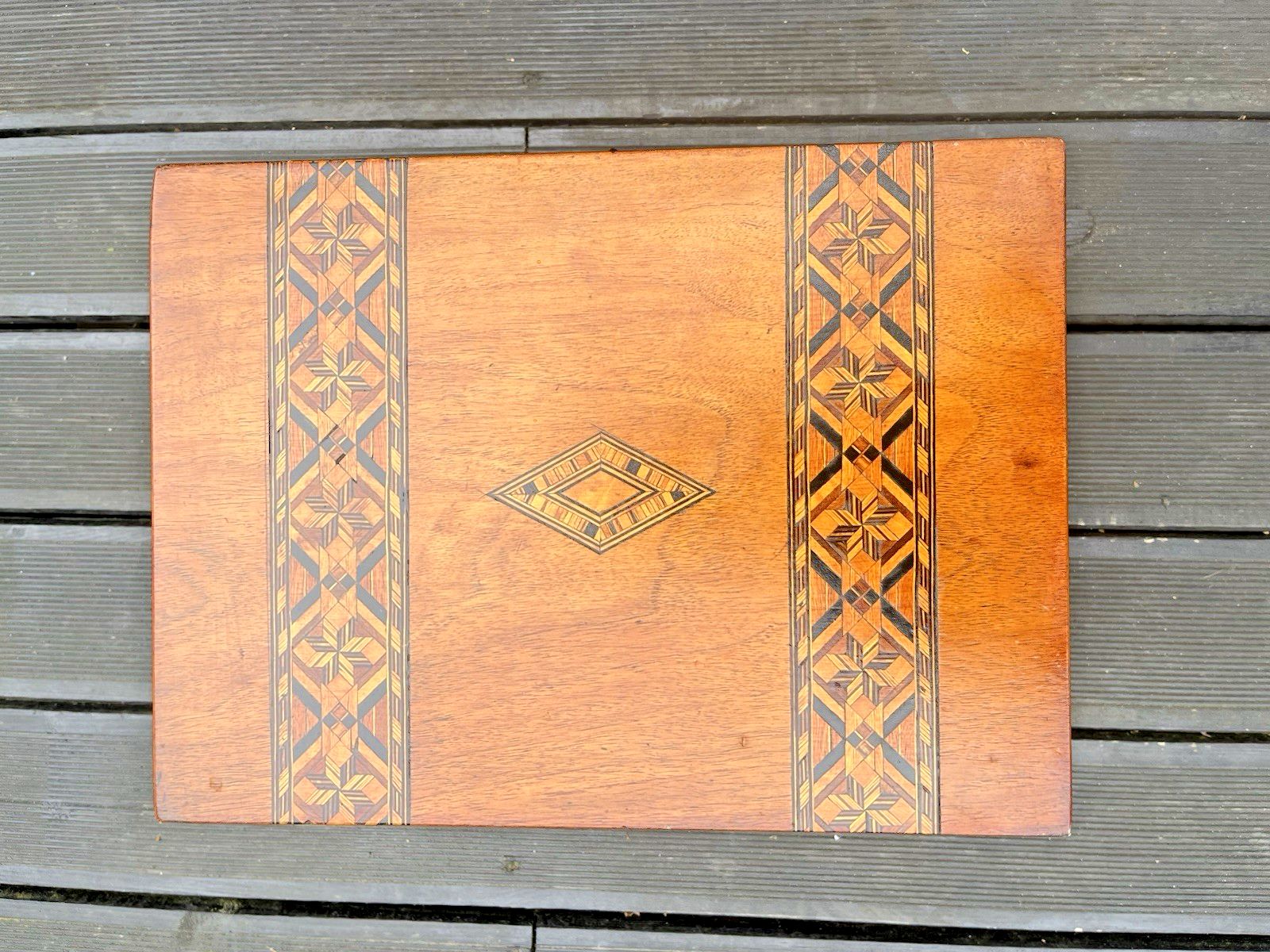 photo for sale Antique Inlaid Walnut Diamond Wood Storage Box Deco
