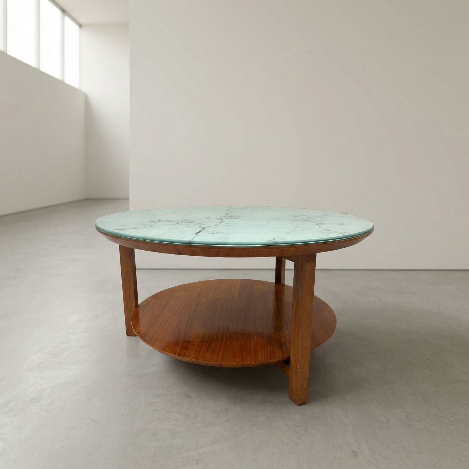 Mid Century Scandinavian Teak Round Coffee Table With Removable Glass Faux Marble Top, 1960s