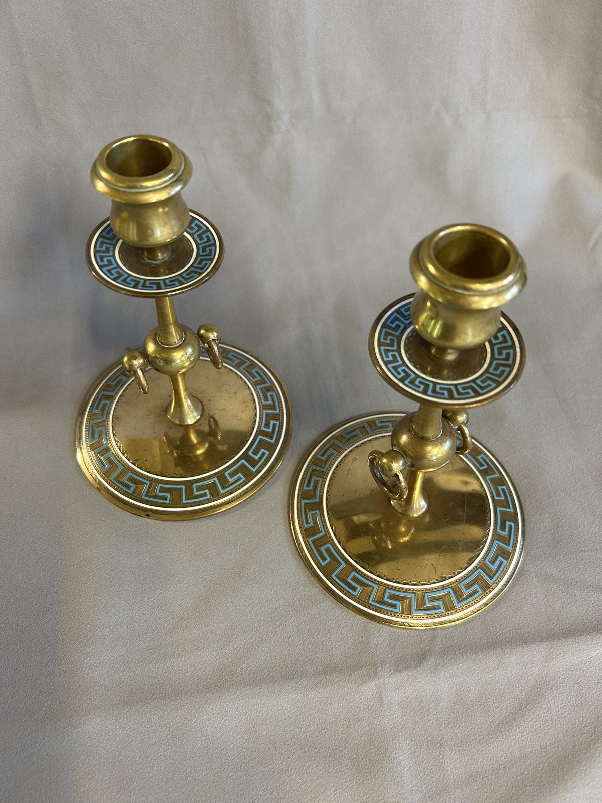Pair Victorian Brass & Enamel Candlesticks   'Greek Key Design' photo for sale
