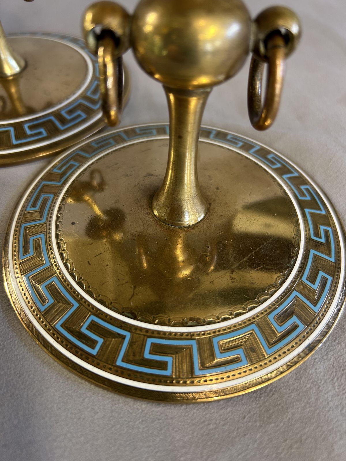 Pair Victorian Brass & Enamel Candlesticks   'Greek Key Design' photo vintage