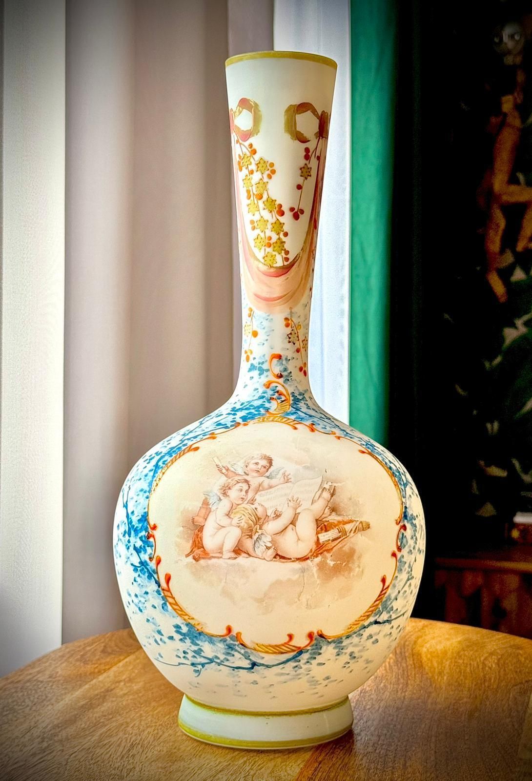 Pair Of 19th Century French Opaline Glass Vases With Hand Painted Cherubs photo vinterior
