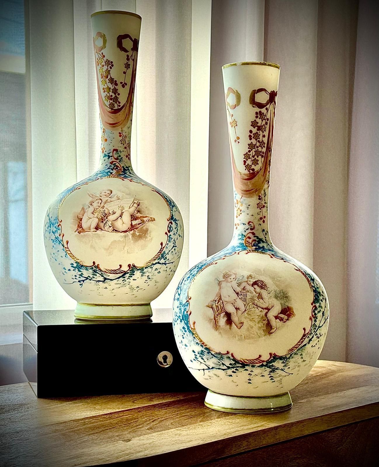 Pair Of 19th Century French Opaline Glass Vases With Hand Painted Cherubs photo buy