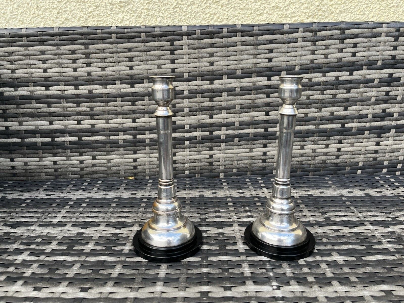 Pair Of Art Deco Silver Plated Stepped Base Column Candlesticks Candle Holders photo buy