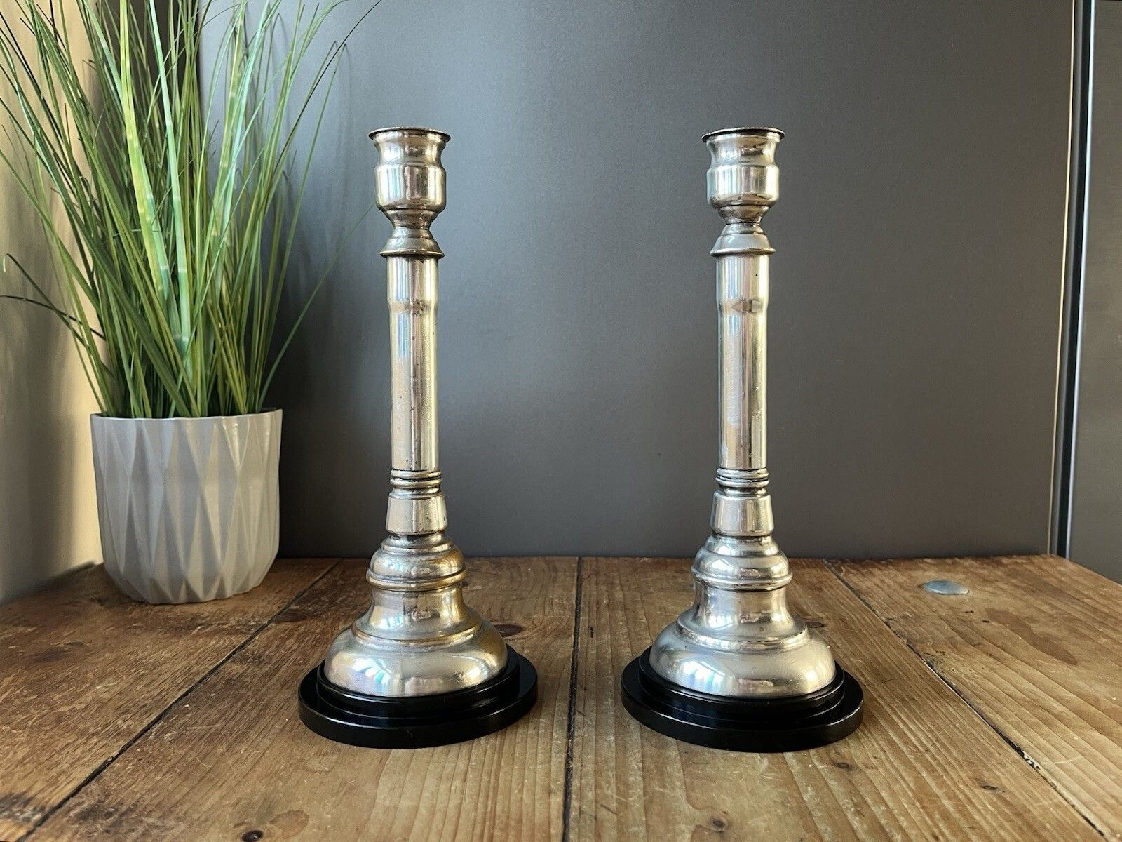 Home Decor Pair Of Art Deco Silver Plated Stepped Base Column Candlesticks Candle Holders photo