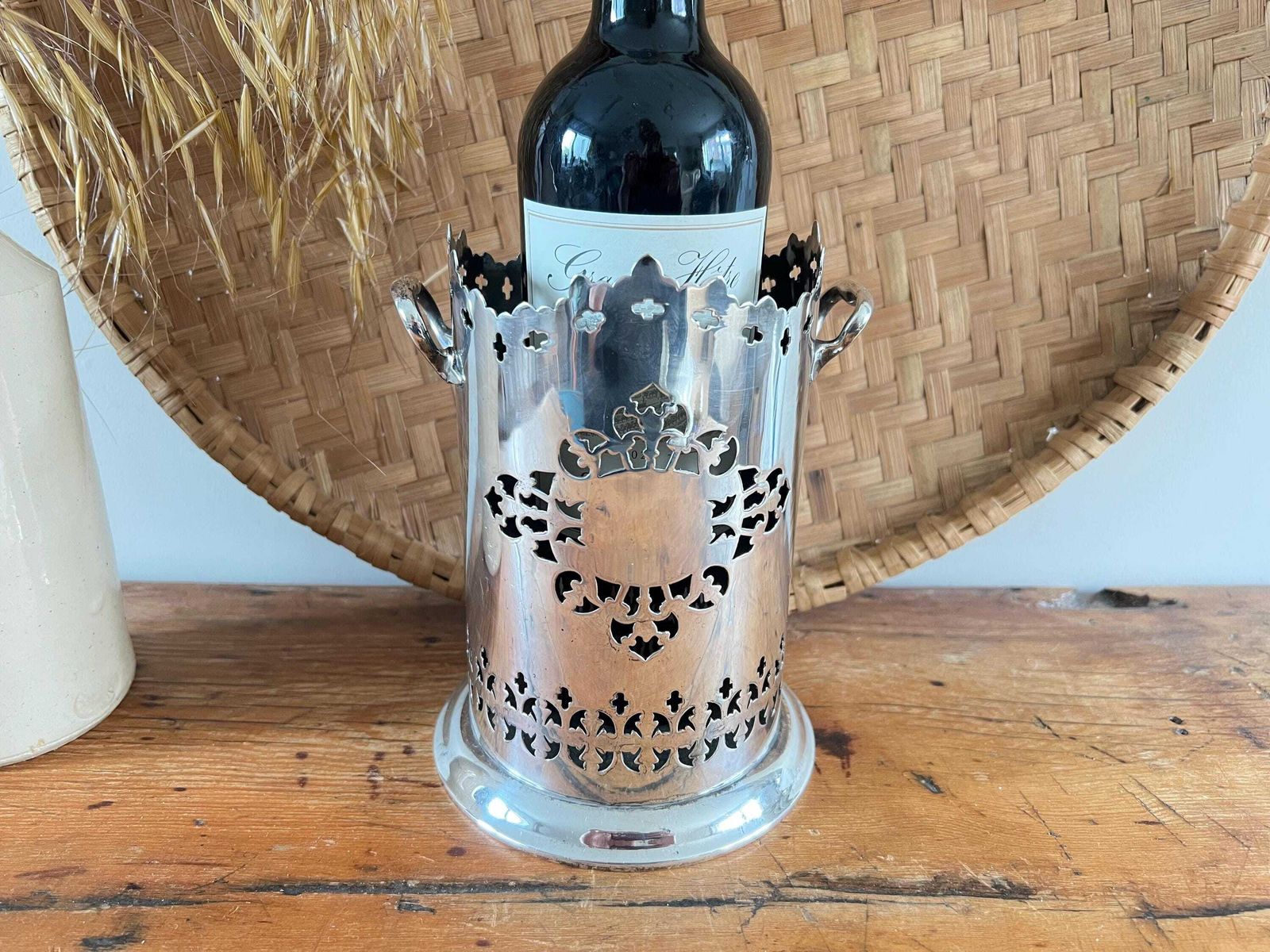 Antique Maxfield & Sons Sheffield A1 Silver Plate Wine Holder With Handles Pierced Bottle Slider Edwardian Fretwork Coaster English Barware