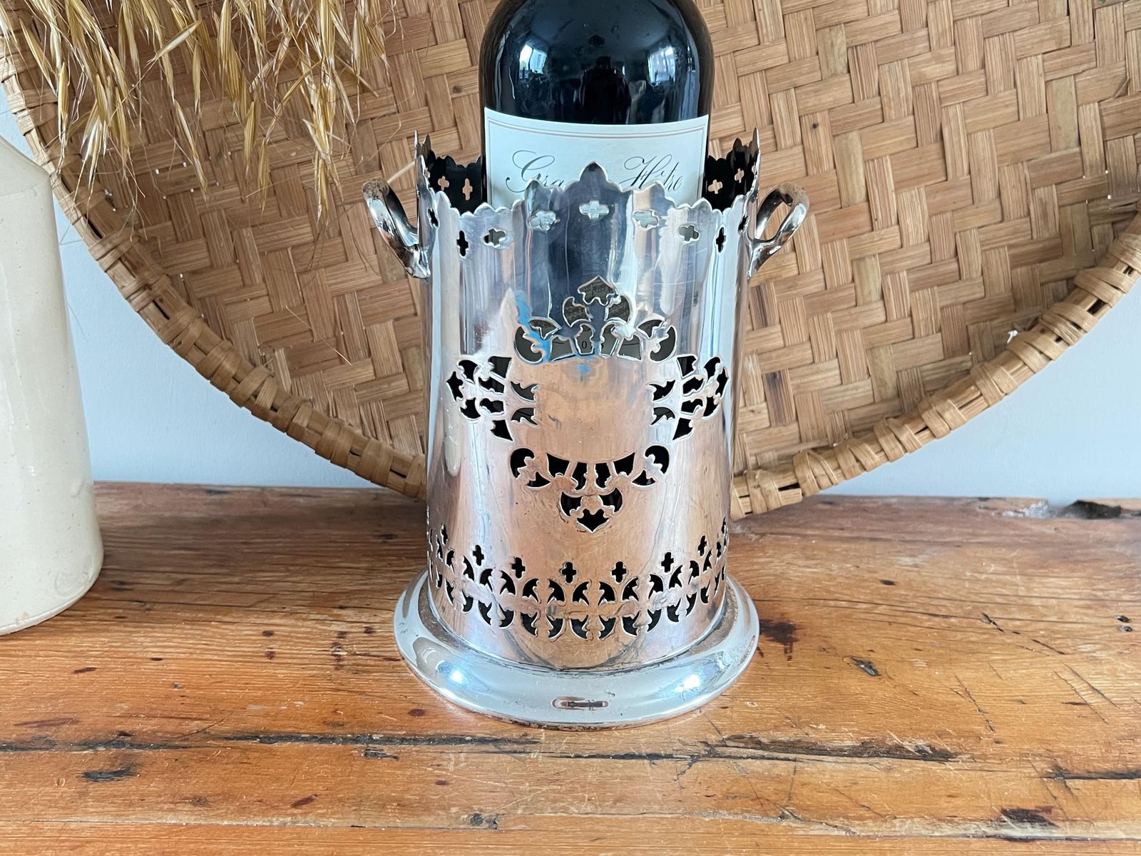 Antique Maxfield & Sons Sheffield A1 Silver Plate Wine Holder With Handles Pierced Bottle Slider Edwardian Fretwork Coaster English Barware photo for sale