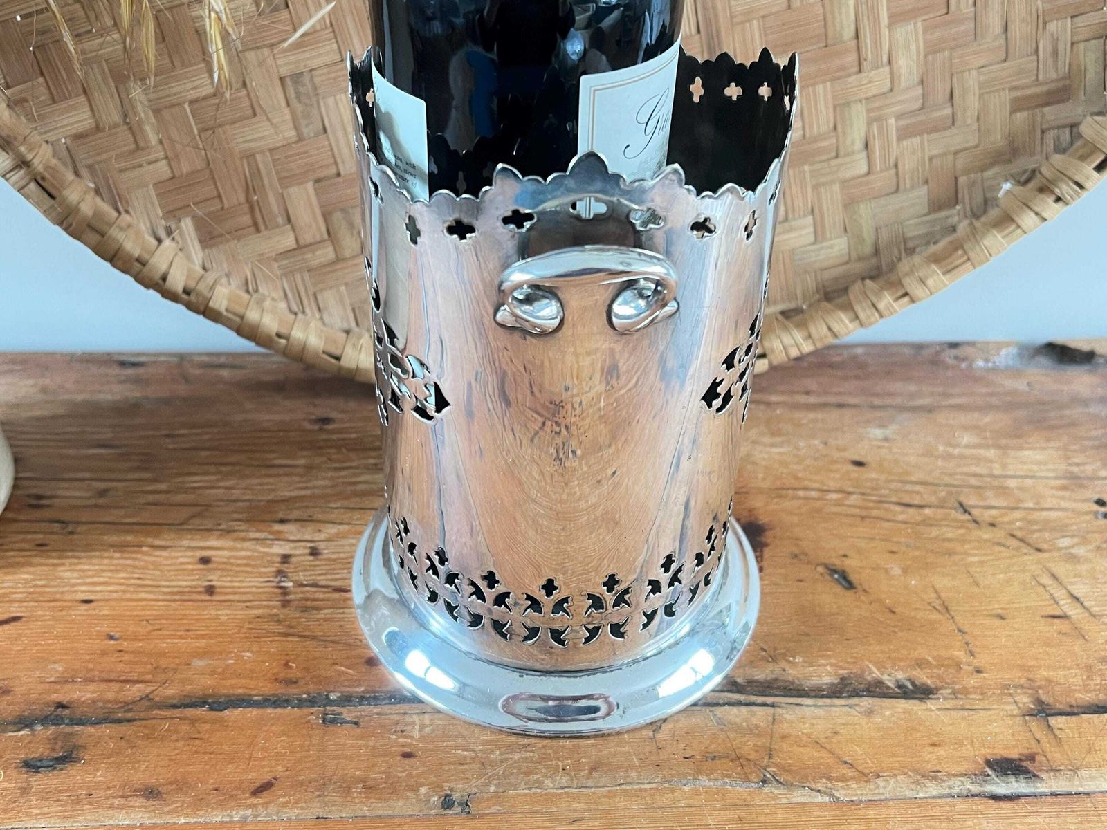 Antique Maxfield & Sons Sheffield A1 Silver Plate Wine Holder With Handles Pierced Bottle Slider Edwardian Fretwork Coaster English Barware photo 85.0
