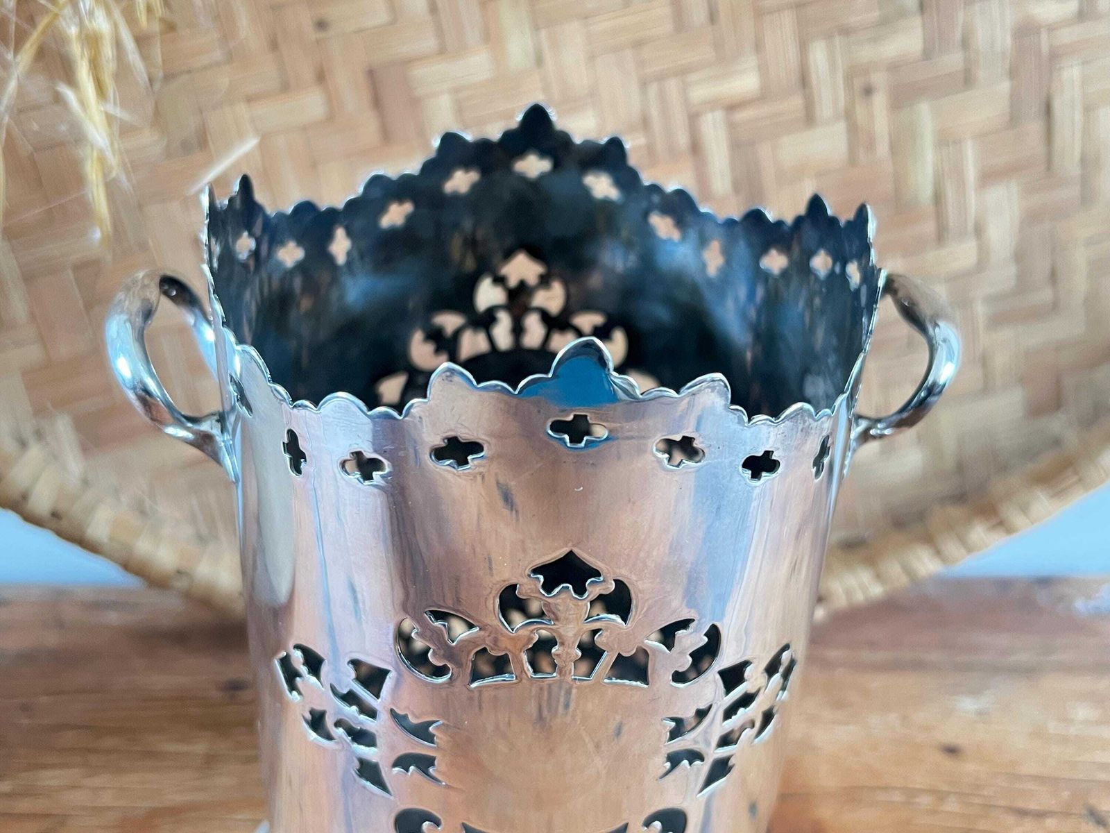 photo for sale Antique Maxfield & Sons Sheffield A1 Silver Plate Wine Holder With Handles Pierced Bottle Slider Edwardian Fretwork Coaster English Barware