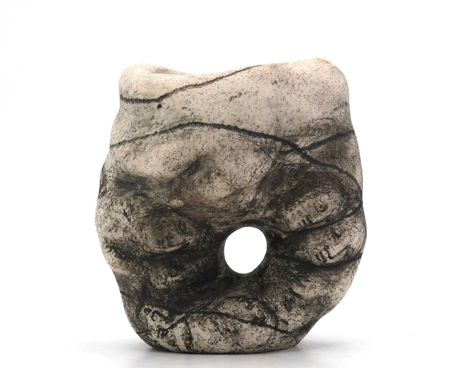 French Sculptural Ceramic Vase Decorated With Faces And With A Hole, 1980s / Grey, Art, Artist, Home Decor, Sculpture