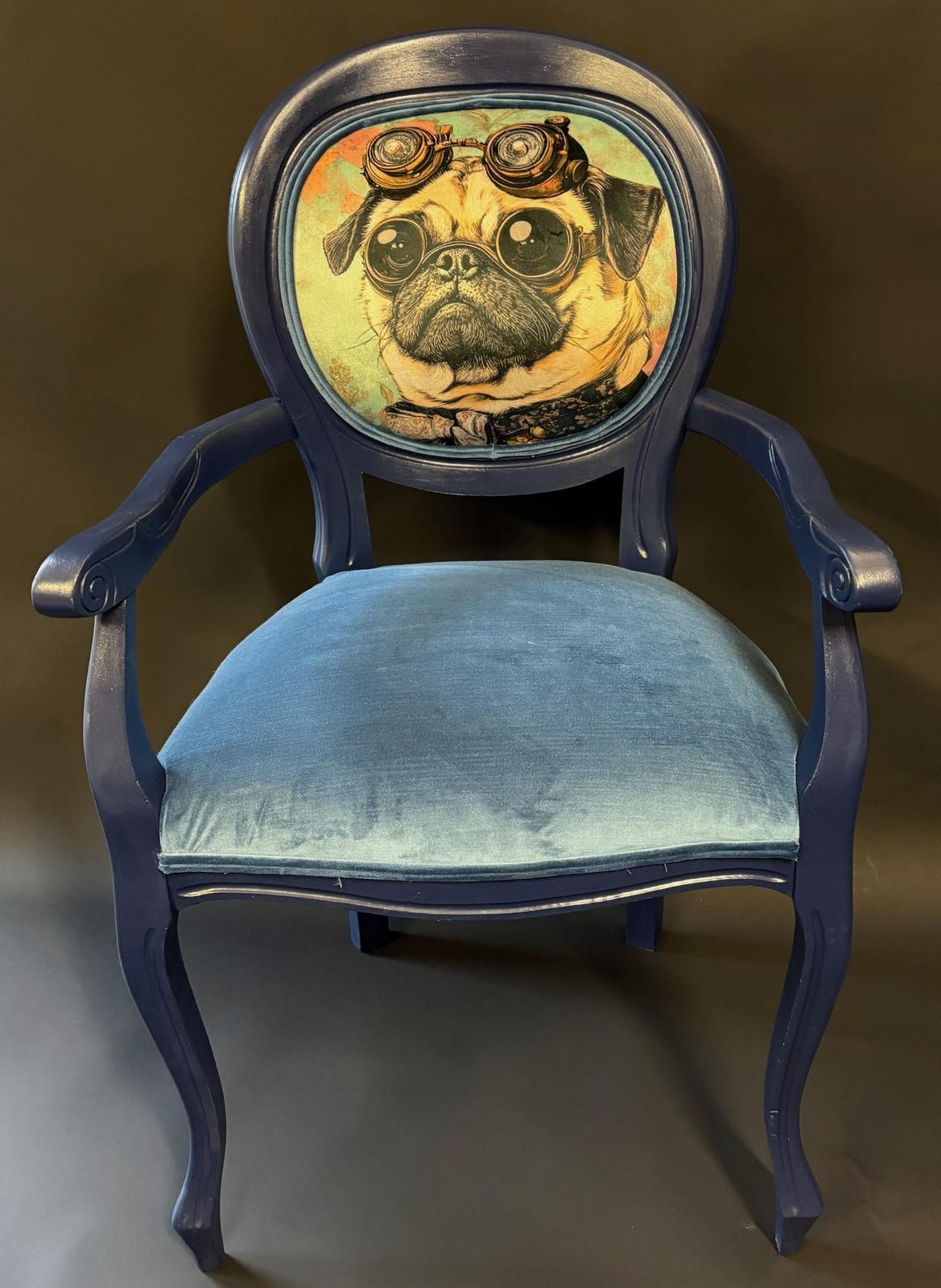 Upcycled Vintage Louis Style Armchair – Navy Painted Frame, Velvet Seat & Steampunk Pug Back photo Furniture