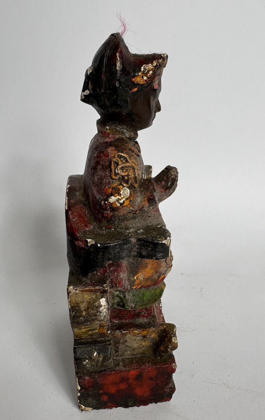 Antique Chinese Carved Wooden “Emperor” Figure – Polychrome Traces & Ink Inscription, 13cm photo Home Decor