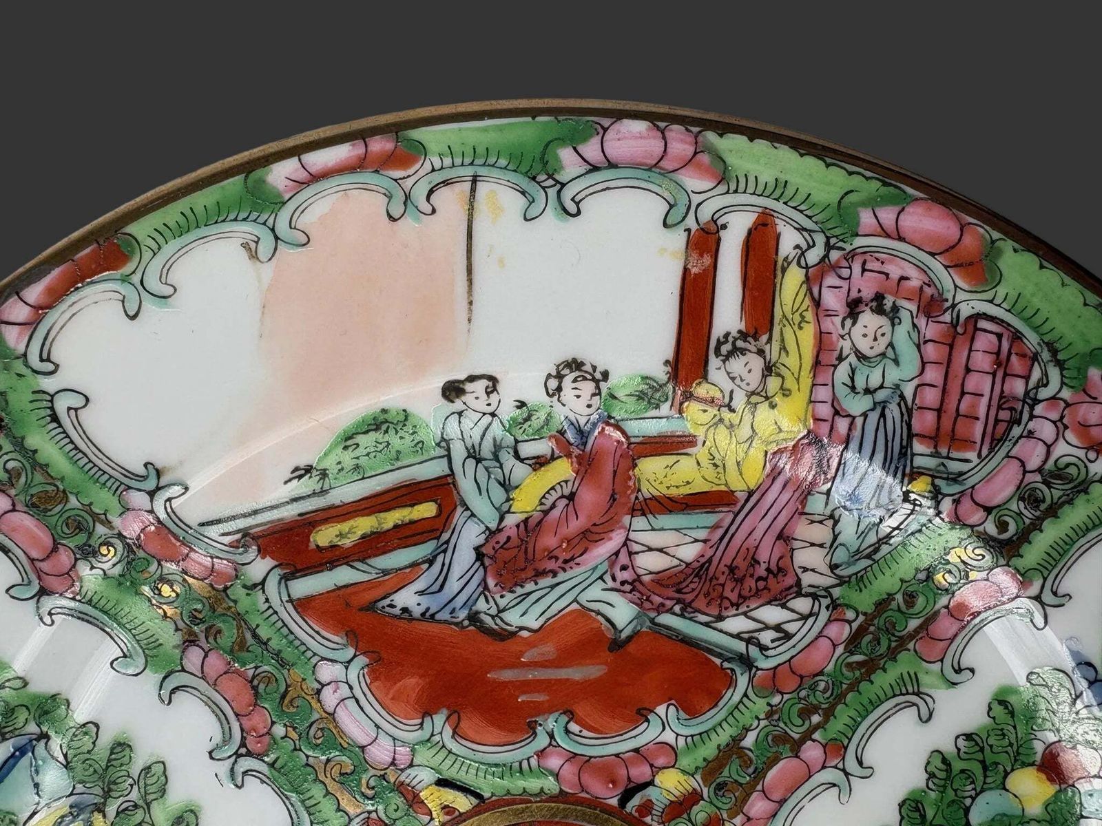 Chinese Famille Rose Medallion Porcelain Plate With Figures & Peonies, Qianlong Style Mark photo for sale