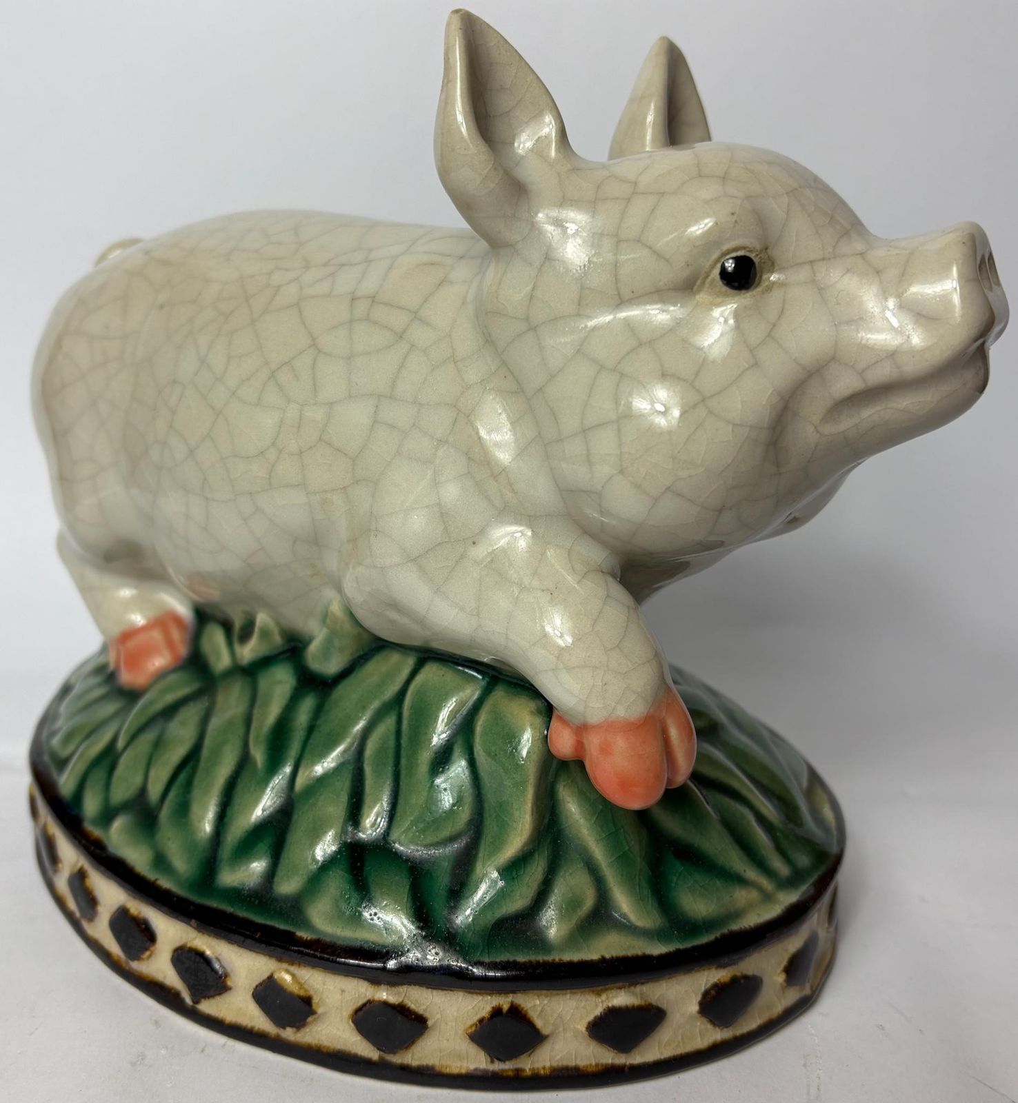 Pair Of Vintage Glazed Ceramic Farm Animals – Cow & Pig On Oval Bases (C.25cm) photo buy