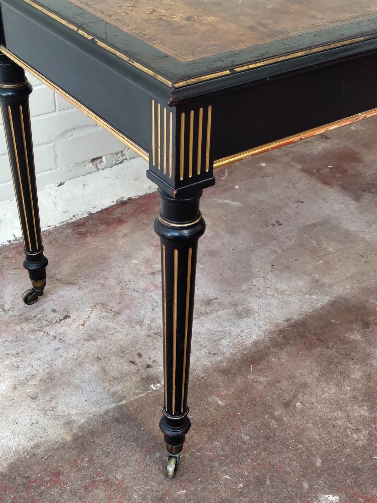 Antique Victorian English Aesthetic Movement Ebonised Leather Top Library Writing Table photo for sale