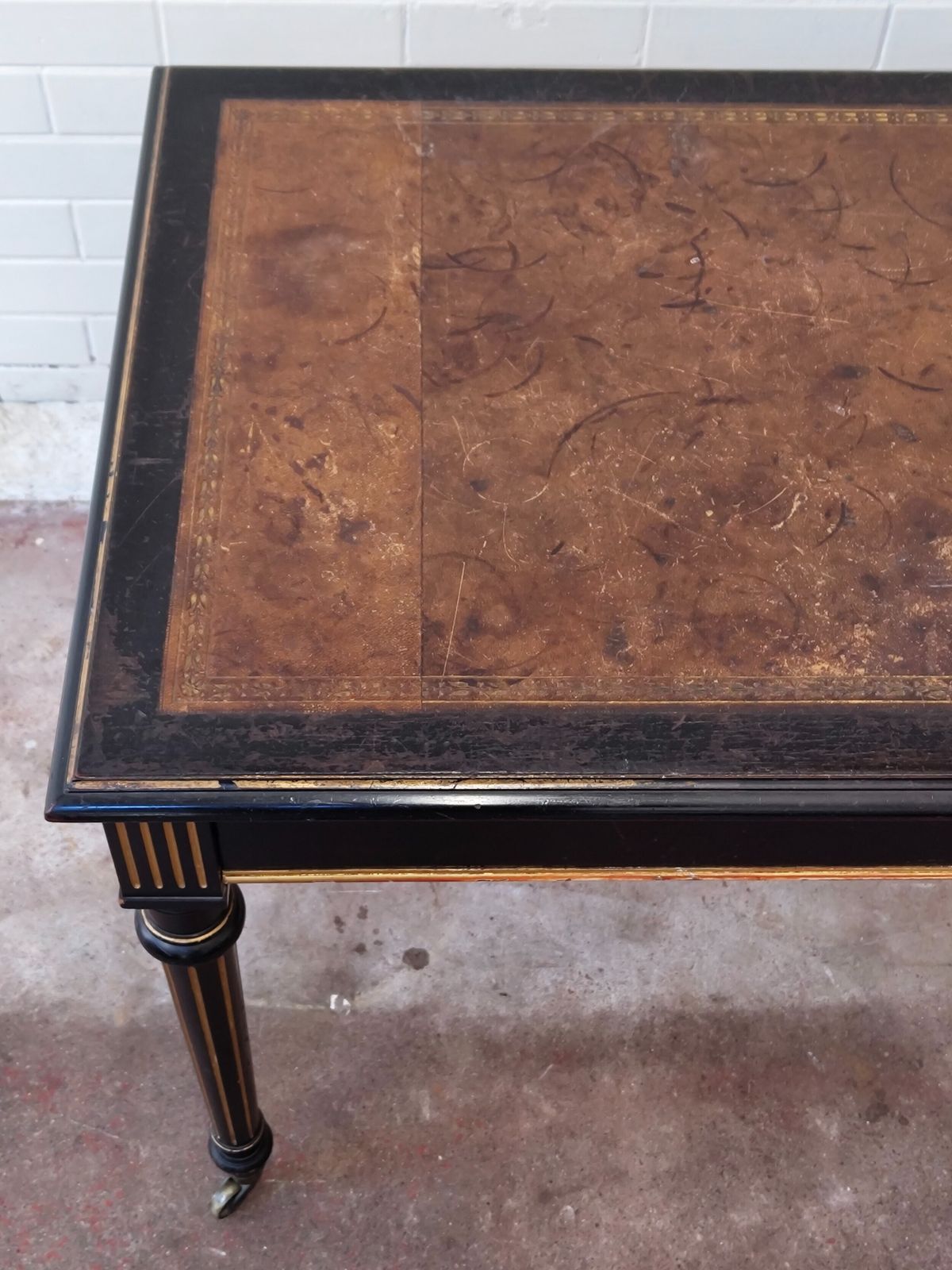 photo furniture Antique Victorian English Aesthetic Movement Ebonised Leather Top Library Writing Table