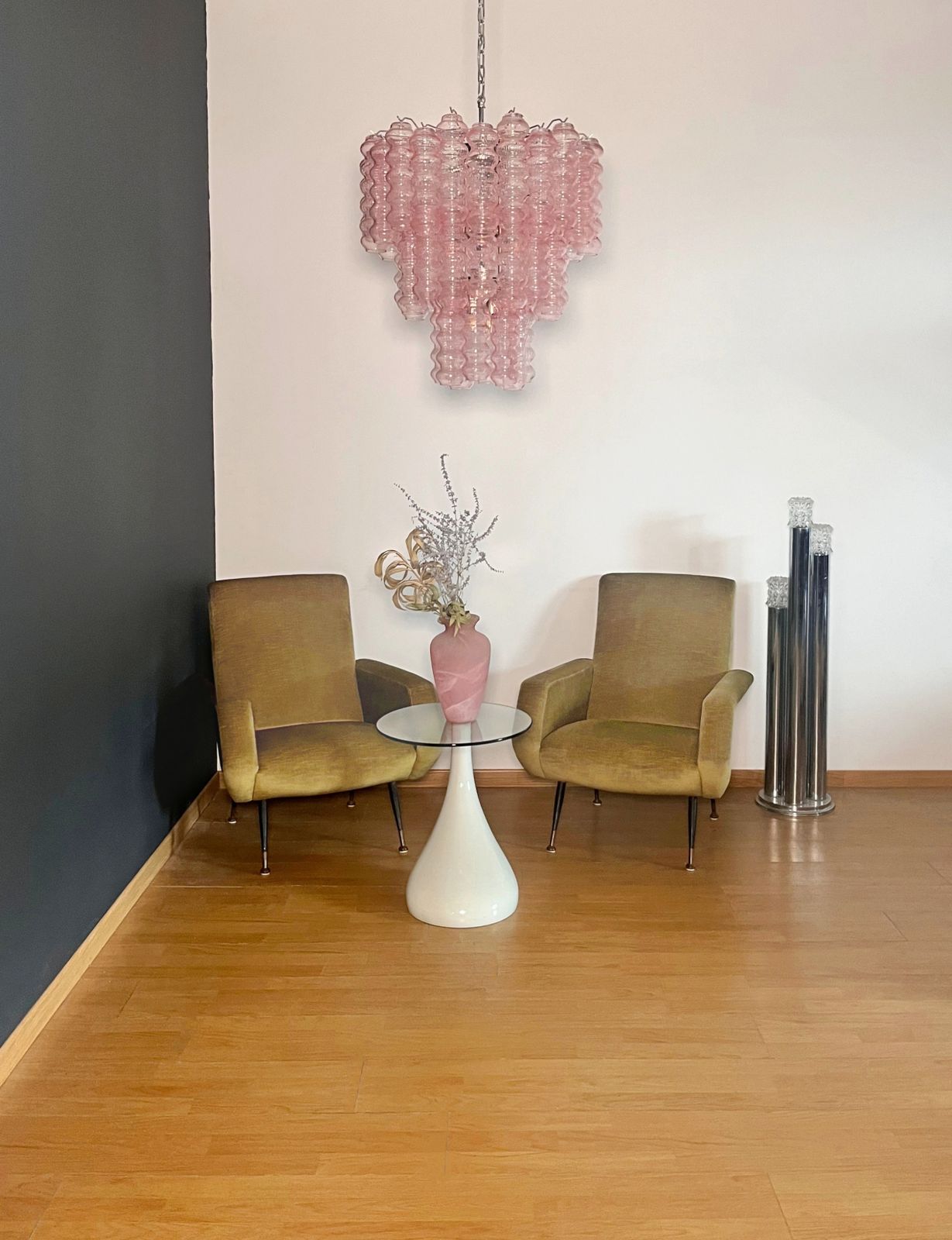 Three Tier Murano Glass Tube Chandelier   48 Pink Glasses photo for sale