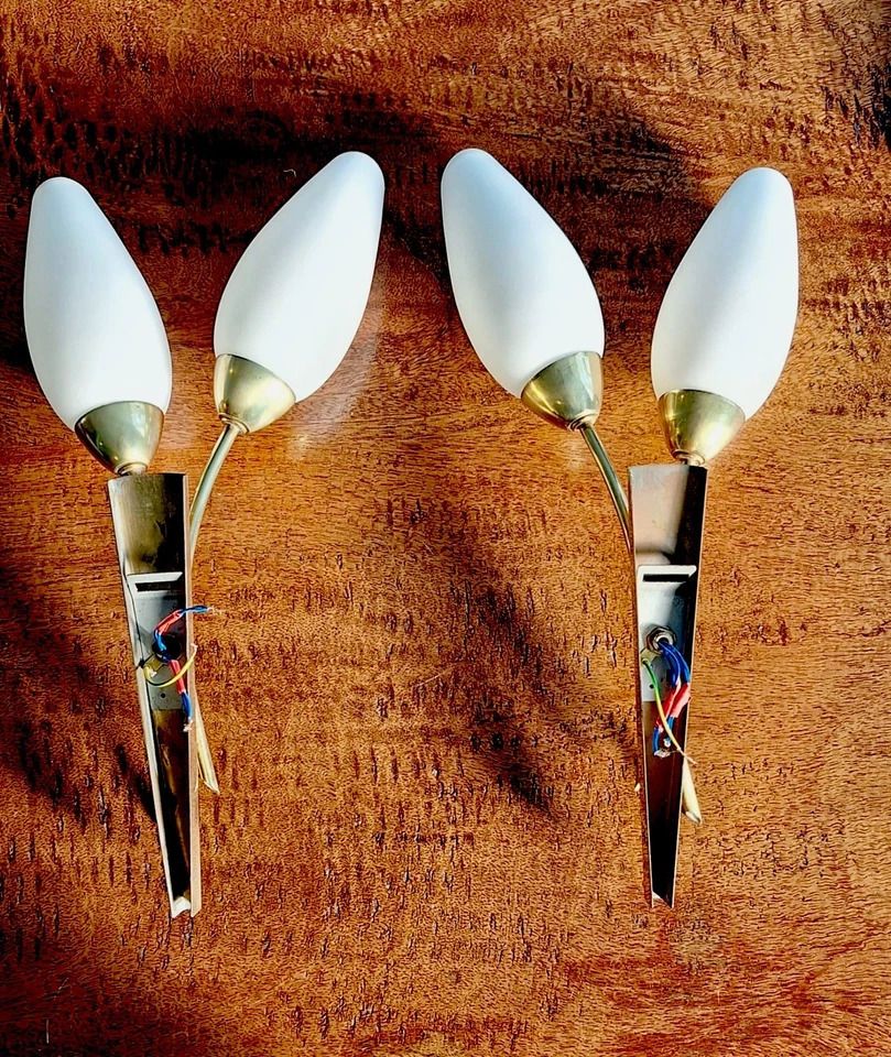 Rare Pair 1950s Mid Century Brass & Matt Opaline Asea Sweden Wall Lamps Lights photo for sale