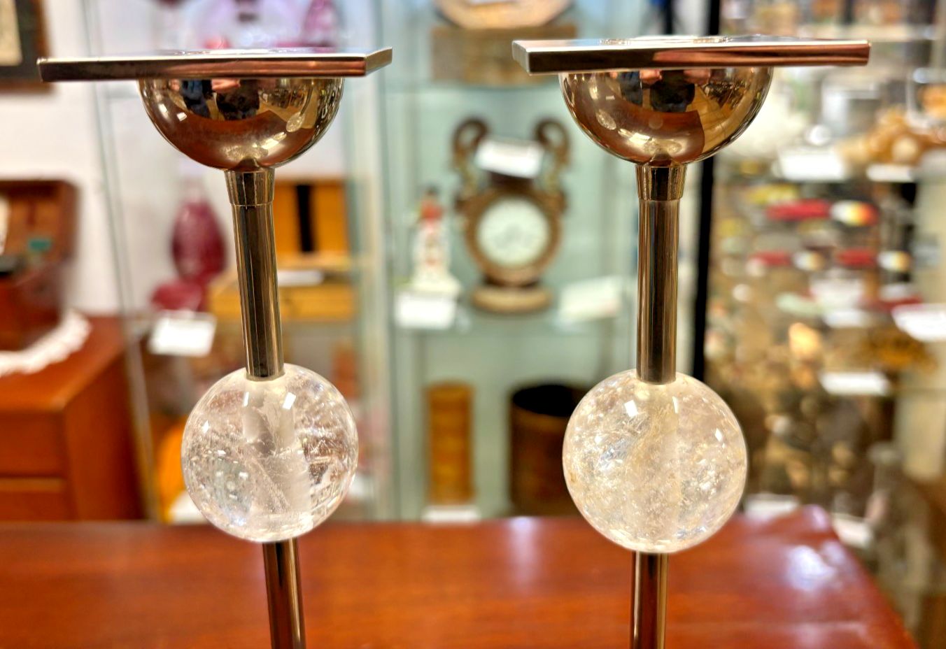 Pair Of Anna New York Chrome Metal & Clear Quartz Candlesticks As Found photo furniture