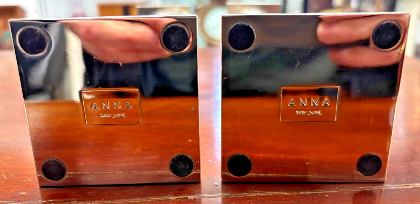 photo furniture Pair Of Anna New York Chrome Metal & Clear Quartz Candlesticks As Found