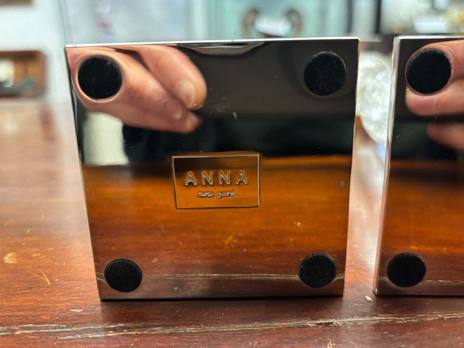 photo for sale Pair Of Anna New York Chrome Metal & Clear Quartz Candlesticks As Found