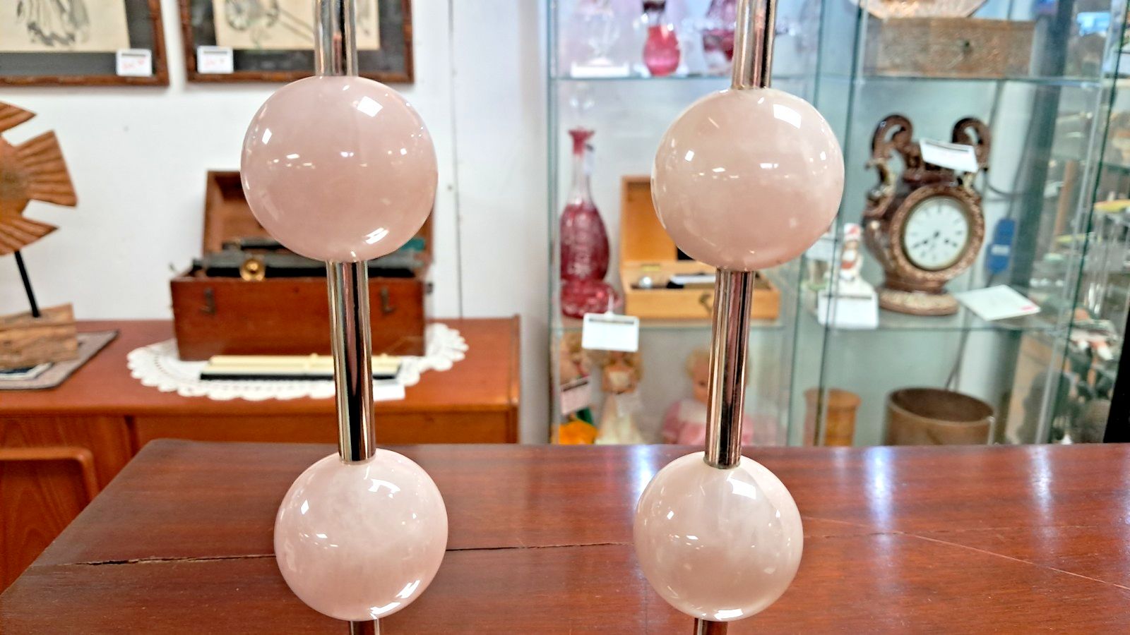 Pair Of Anna New York Chrome Metal & Pink Quartz Candlesticks As Found photo 115.0