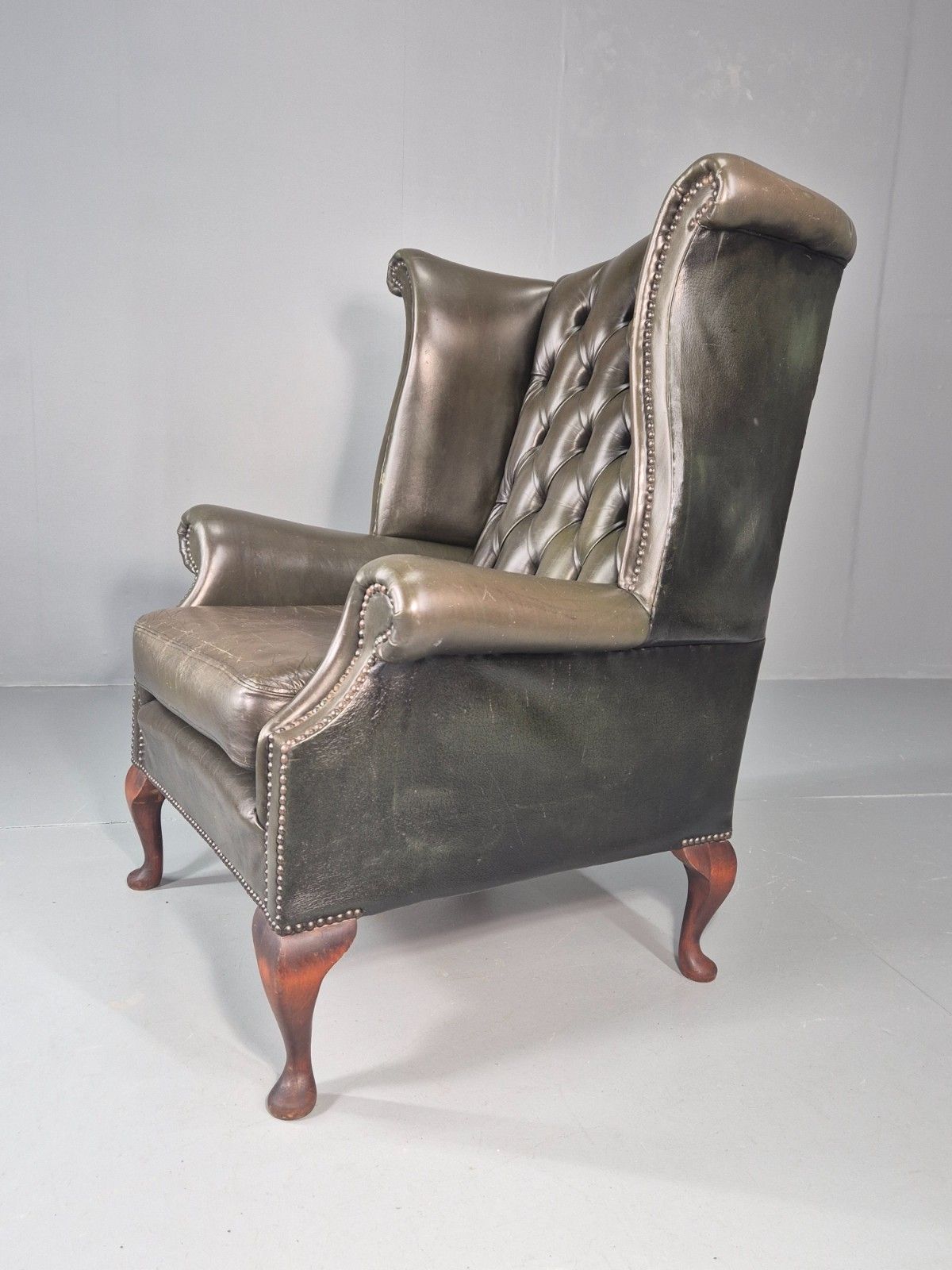 Vintage Wingback Leather Lounge Chair Queen Anne Style 1970s Retro Eb11532 Vlea photo for sale
