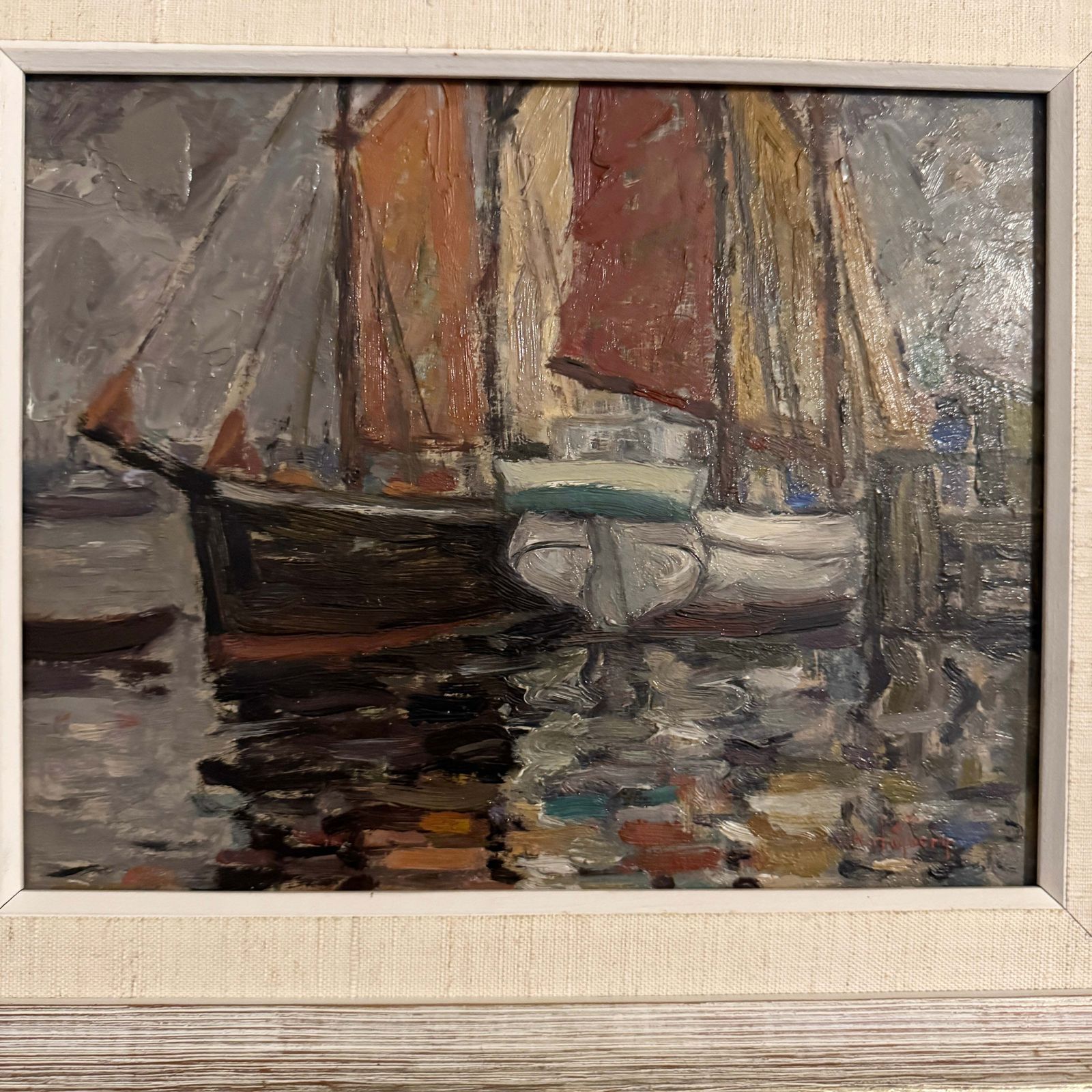 Old Sailboats, Gothenburg. Vintage Swedish Oil Painting By Hilding Högberg. photo furniture