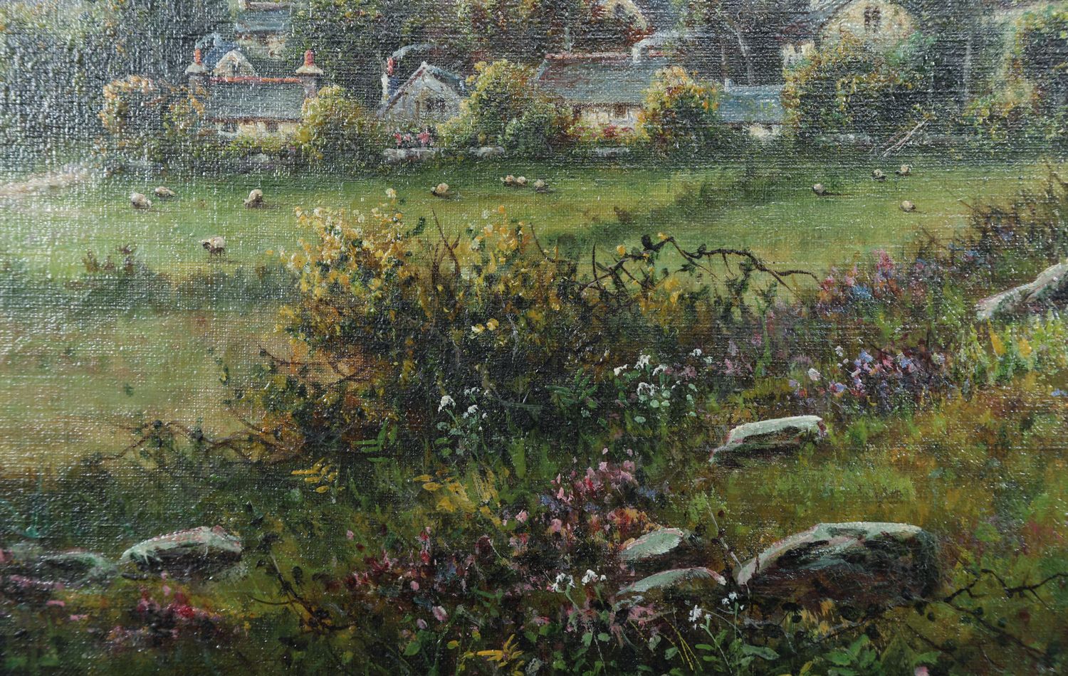 photo furniture Small Antique English Oil Painting Picture Landscape Scene Of Widecombe Village By M. C. Hider (Circa 1920)