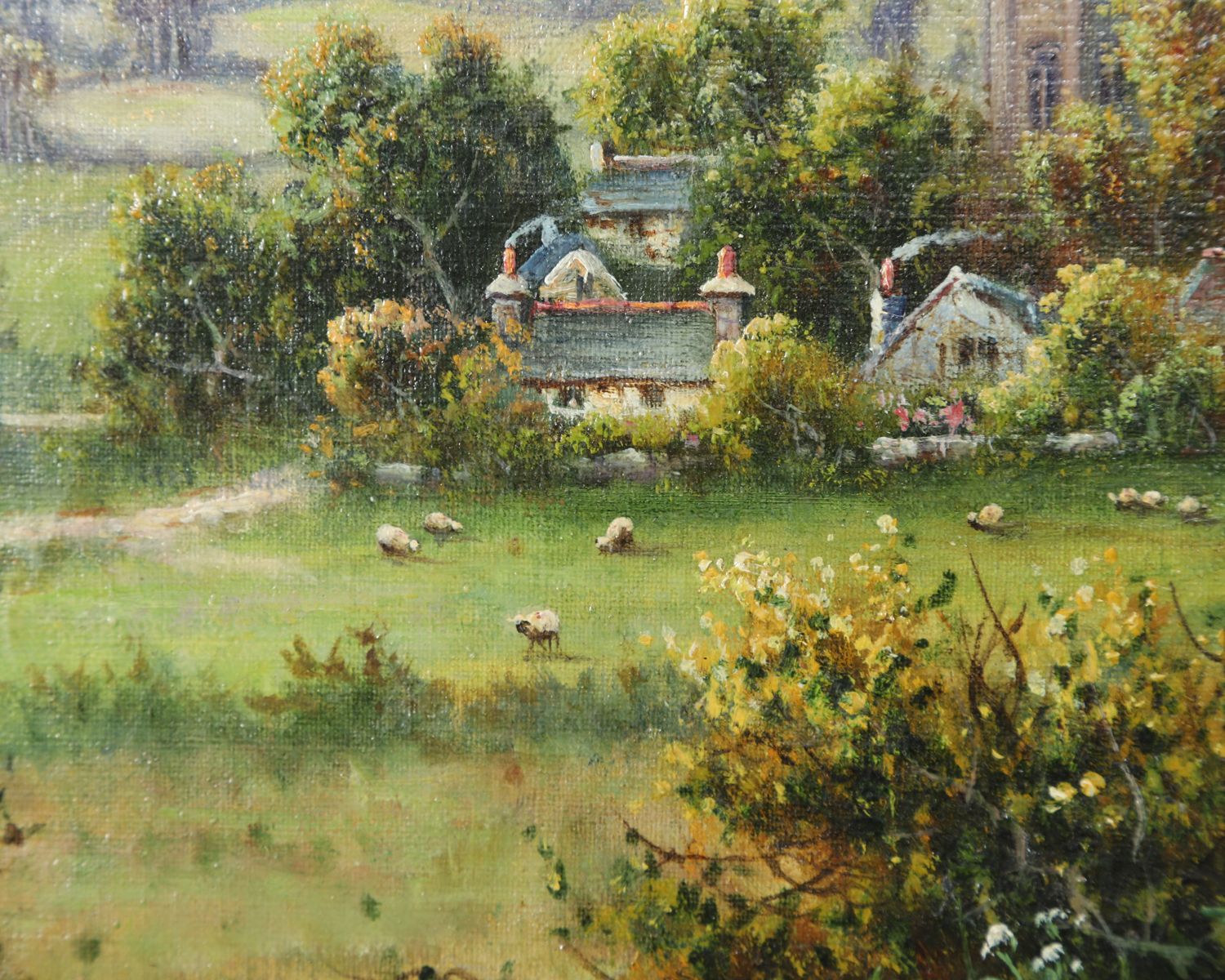 photo vintage Small Antique English Oil Painting Picture Landscape Scene Of Widecombe Village By M. C. Hider (Circa 1920)