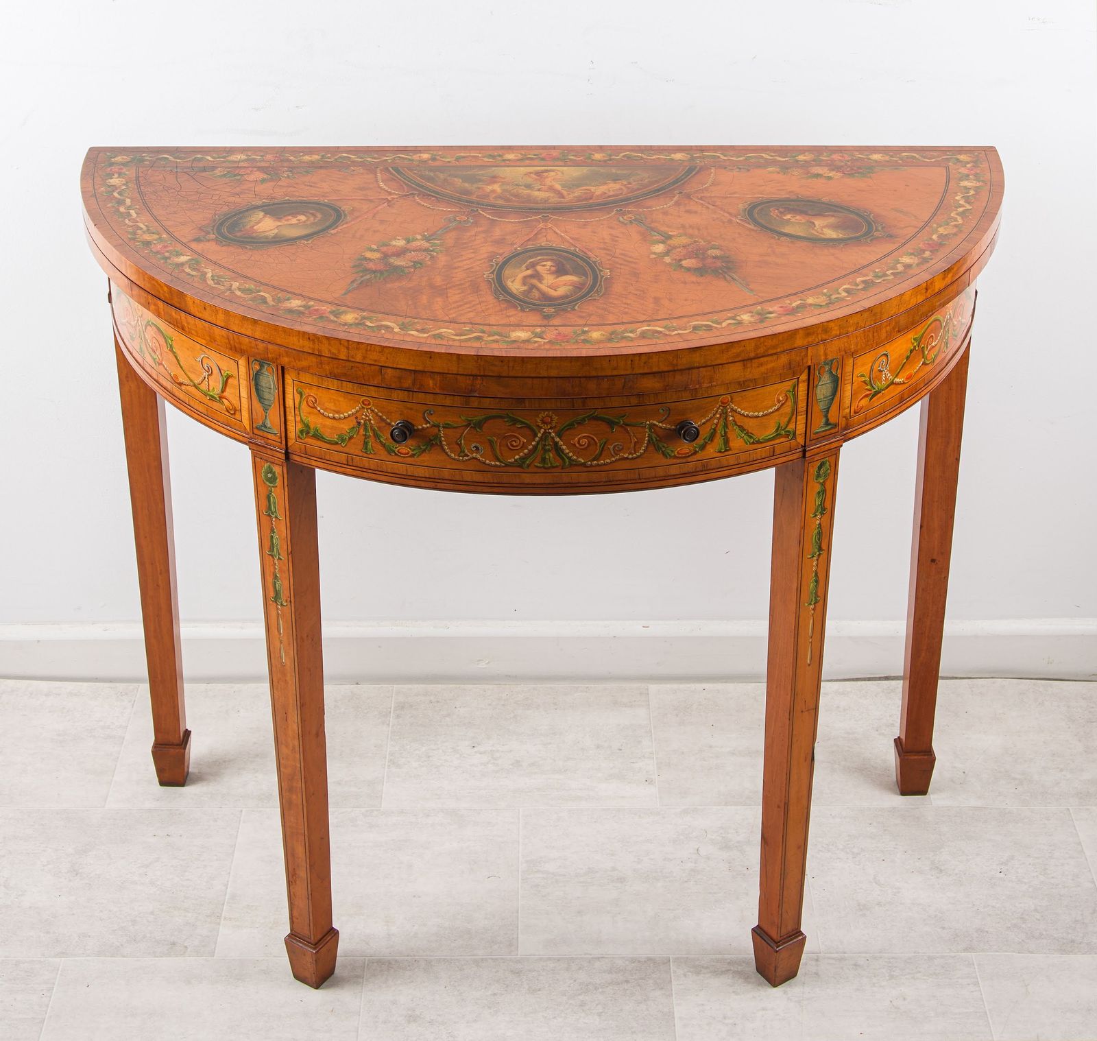 19th Century Painted Satinwood Demi Lune Games Table With Portrait Medallions