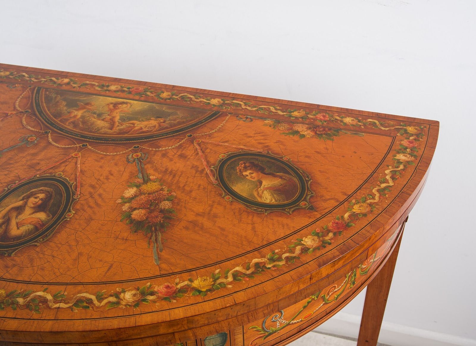19th Century Painted Satinwood Demi Lune Games Table With Portrait Medallions photo Furniture