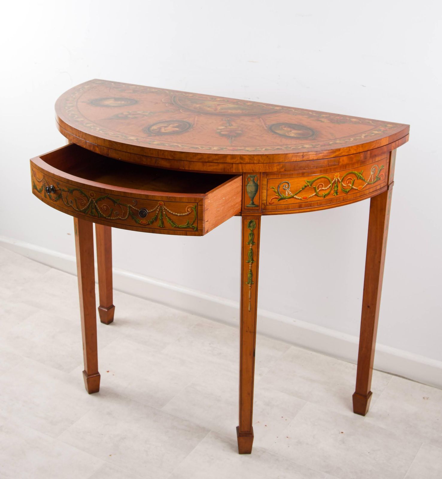 19th Century Painted Satinwood Demi Lune Games Table With Portrait Medallions photo 3450.0