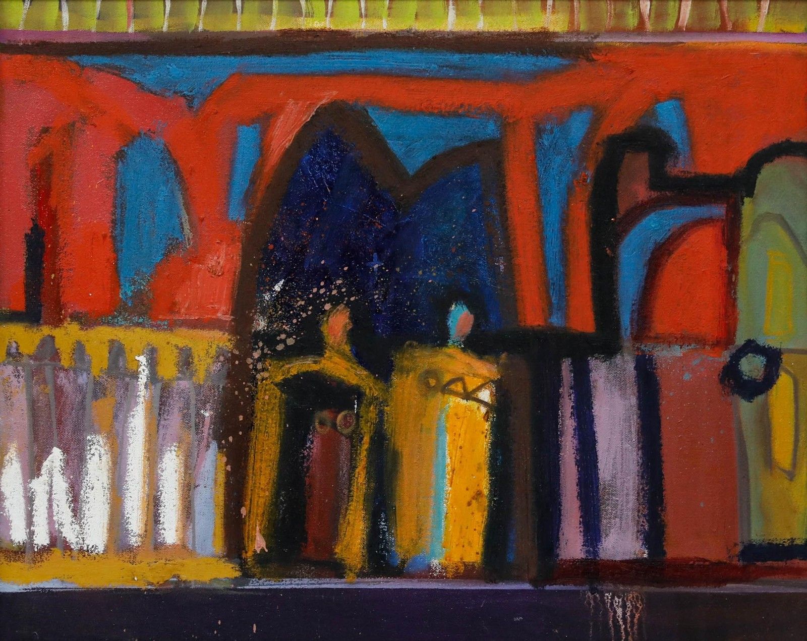 Richard J.S. Young Framed Contemporary Oil, Street Scene photo furniture