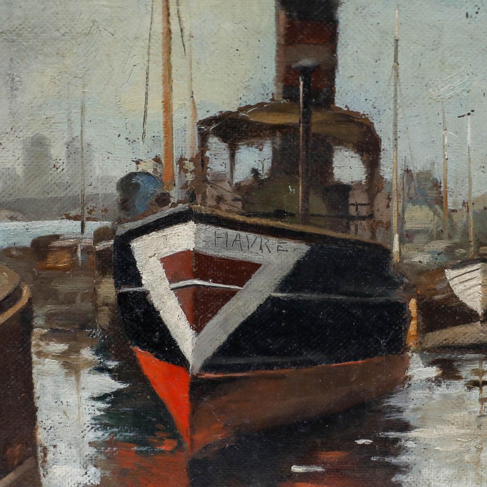 Framed French School Late 19th Century Oil Steamboat 'Havre' photo Art