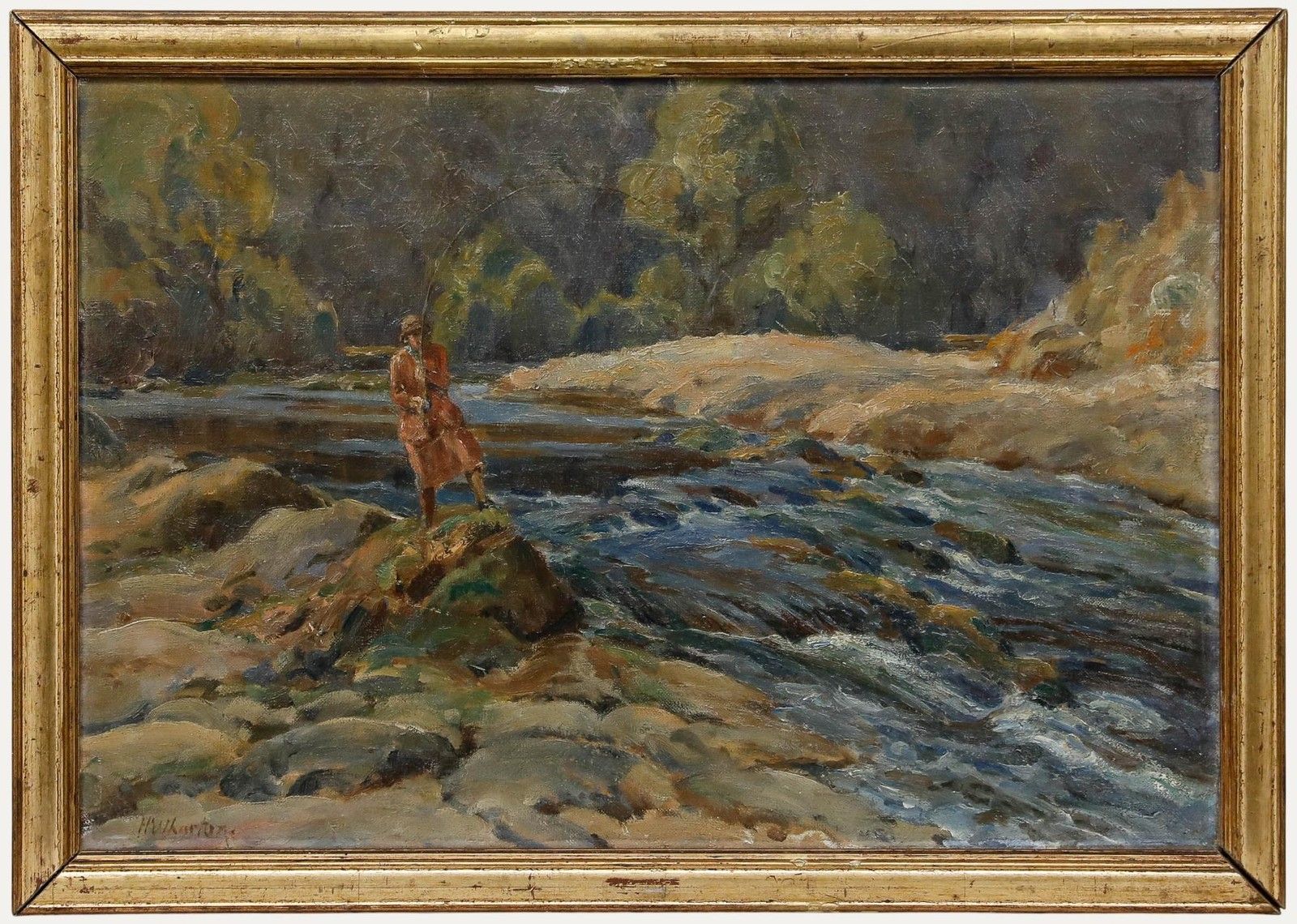 H. Wharton Framed Mid 20th Century Oil, Reeling In The Catch