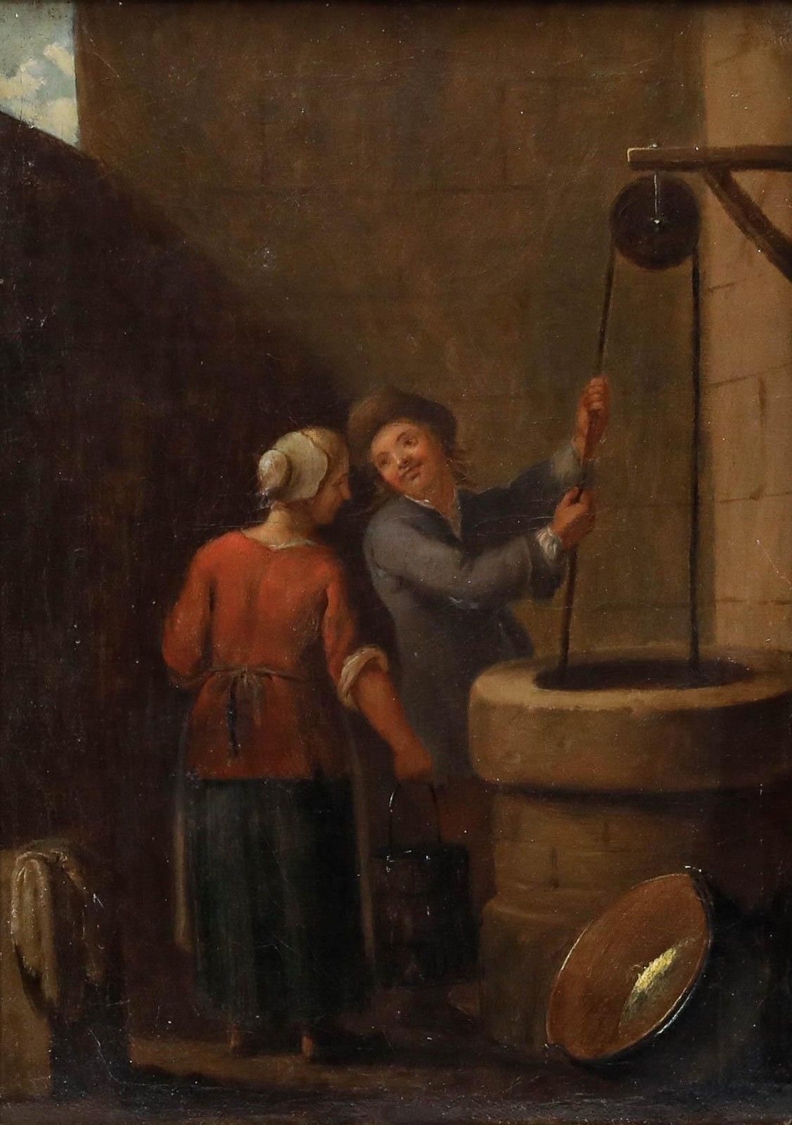 Framed Dutch School 17th Century Oil Couple By The Well photo furniture