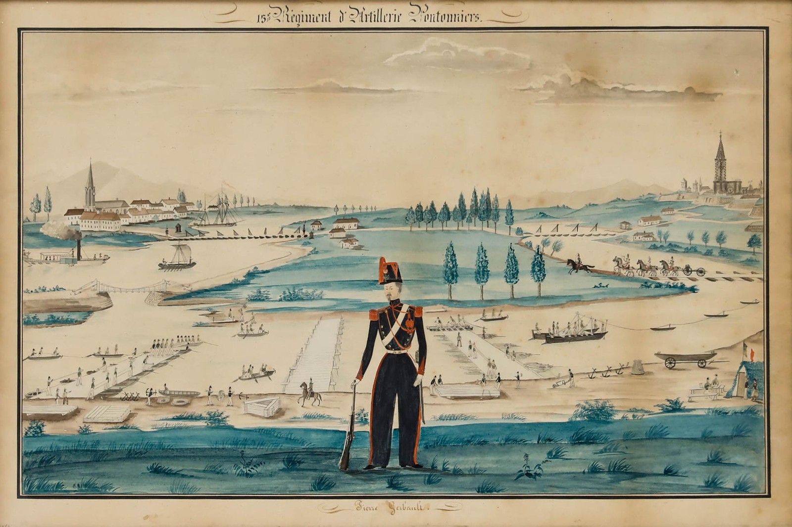 Framed 1853 Folk Art Watercolour The French Officer photo furniture