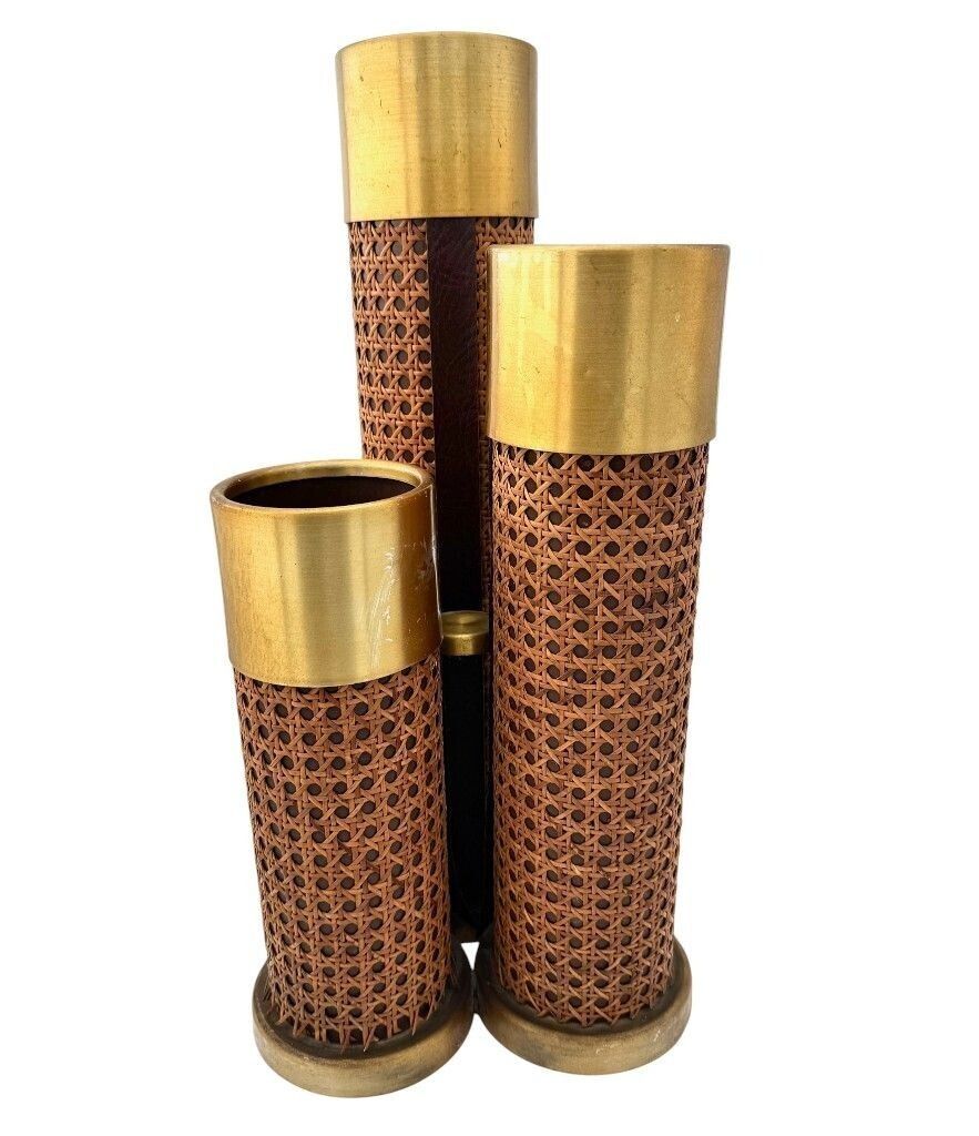 photo for sale An Unusual 1970s Italian Rattan, Gilt Metal And Leather Umbrella Stand