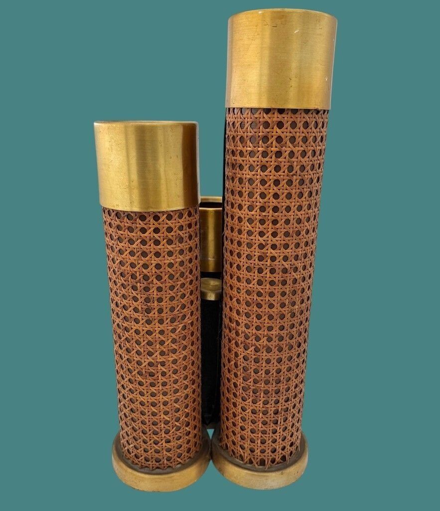 photo vinterior An Unusual 1970s Italian Rattan, Gilt Metal And Leather Umbrella Stand